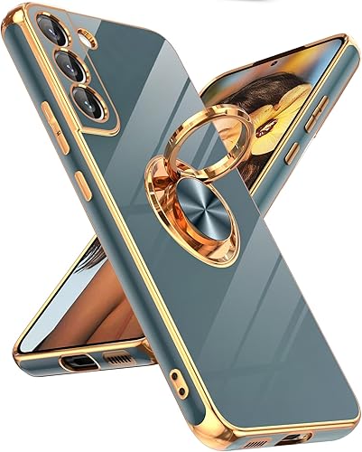 LeYi para Samsung Galaxy S22 Plus Funda con Soporte de Anillo Giratorio de 360, Soporte Magnético Plegable, Borde Chapado en Oro Rosa Protector para