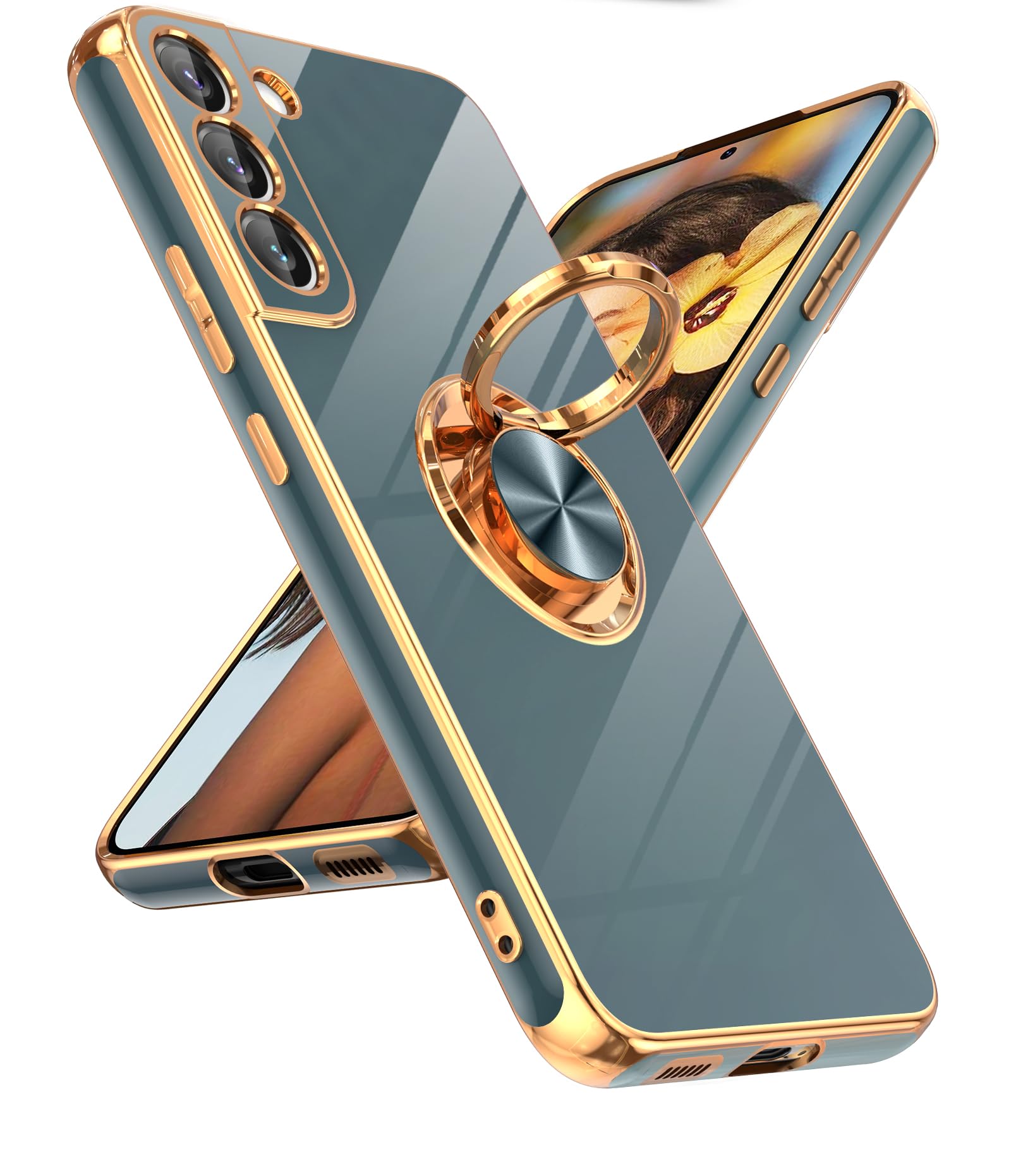 LeYi for Samsung Galaxy S22 Plus Case 360° Rotatable Ring Holder Magnetic Kickstand, Plating Rose Gold Edge Protective for Galaxy S22 Plus/ S22+ Case,