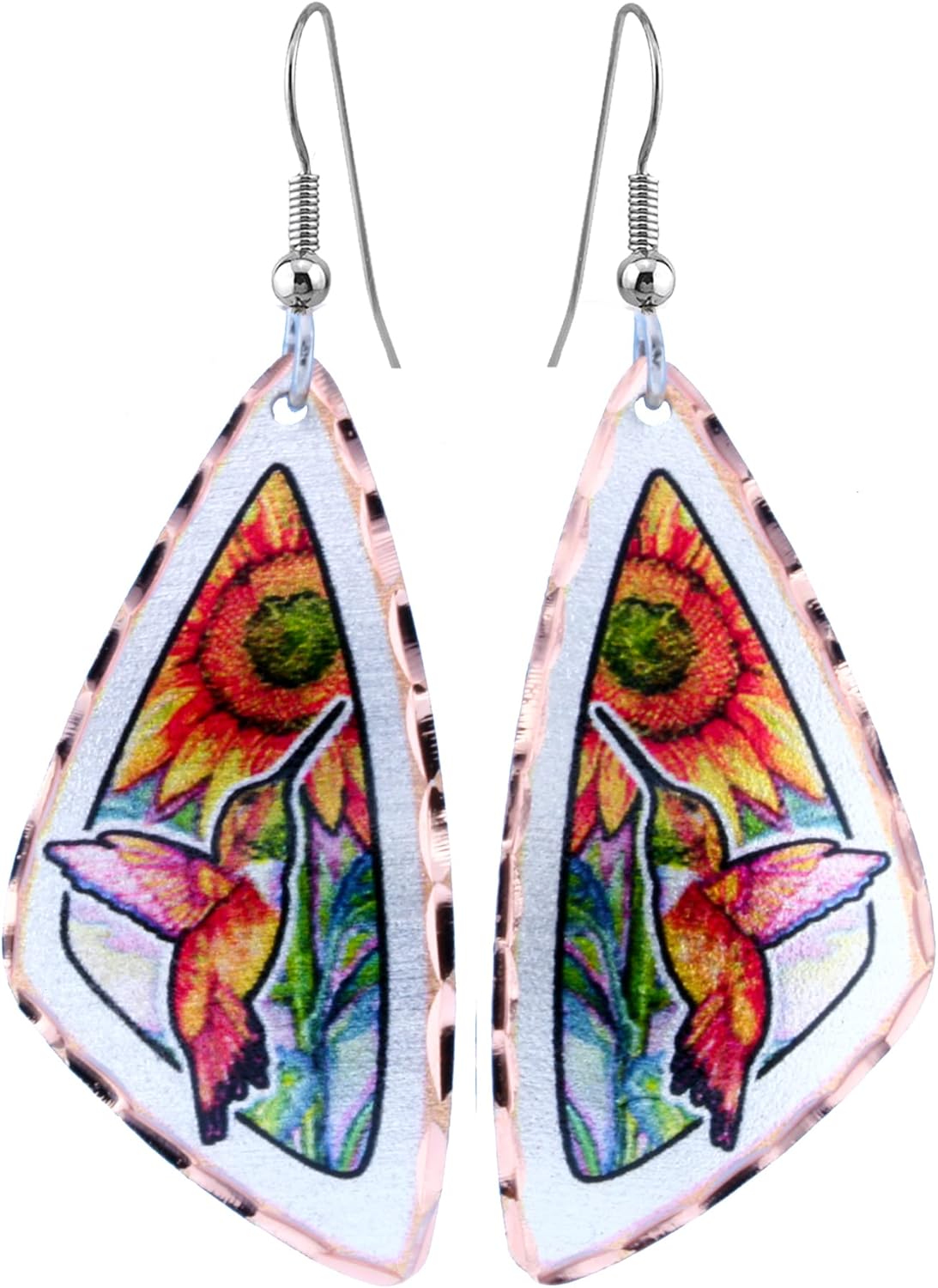 FRONT LINE JEWELRY Hummingbird Earrings: Triangular Women's Hummingbird and Sunflower Earrings Hummingbird Gifts. Hummingbird Jewelry, Sunflower Jewelry