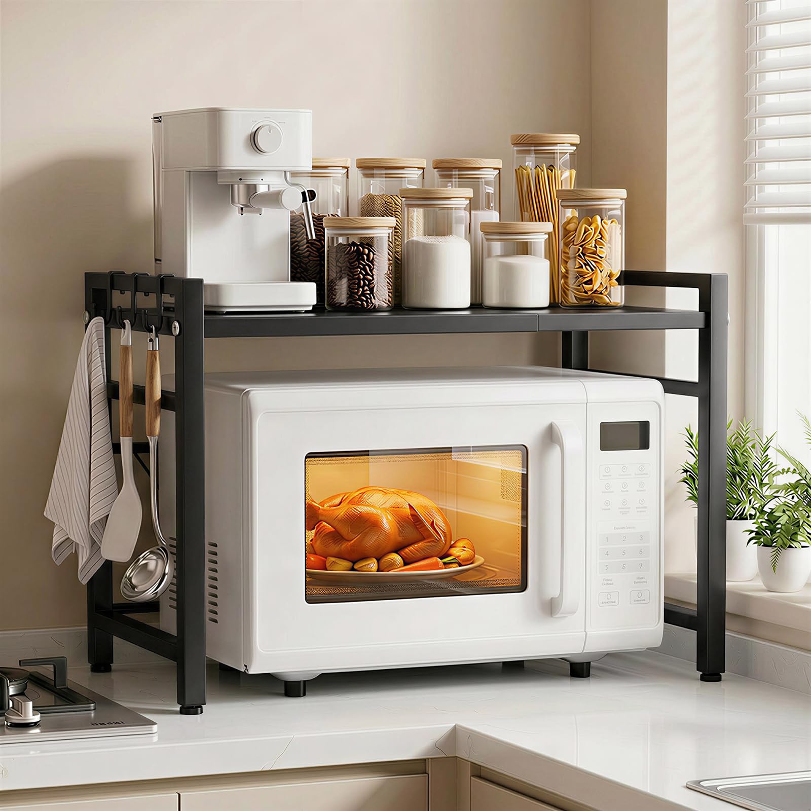 ALANNG Mikrowellen Regal, Mikrowellenregal Küche Arbeitsplatte, Küchenregal Stehend für Backofen/Kaffeemaschine, Stabile Microwave Stand mit 6 Haken