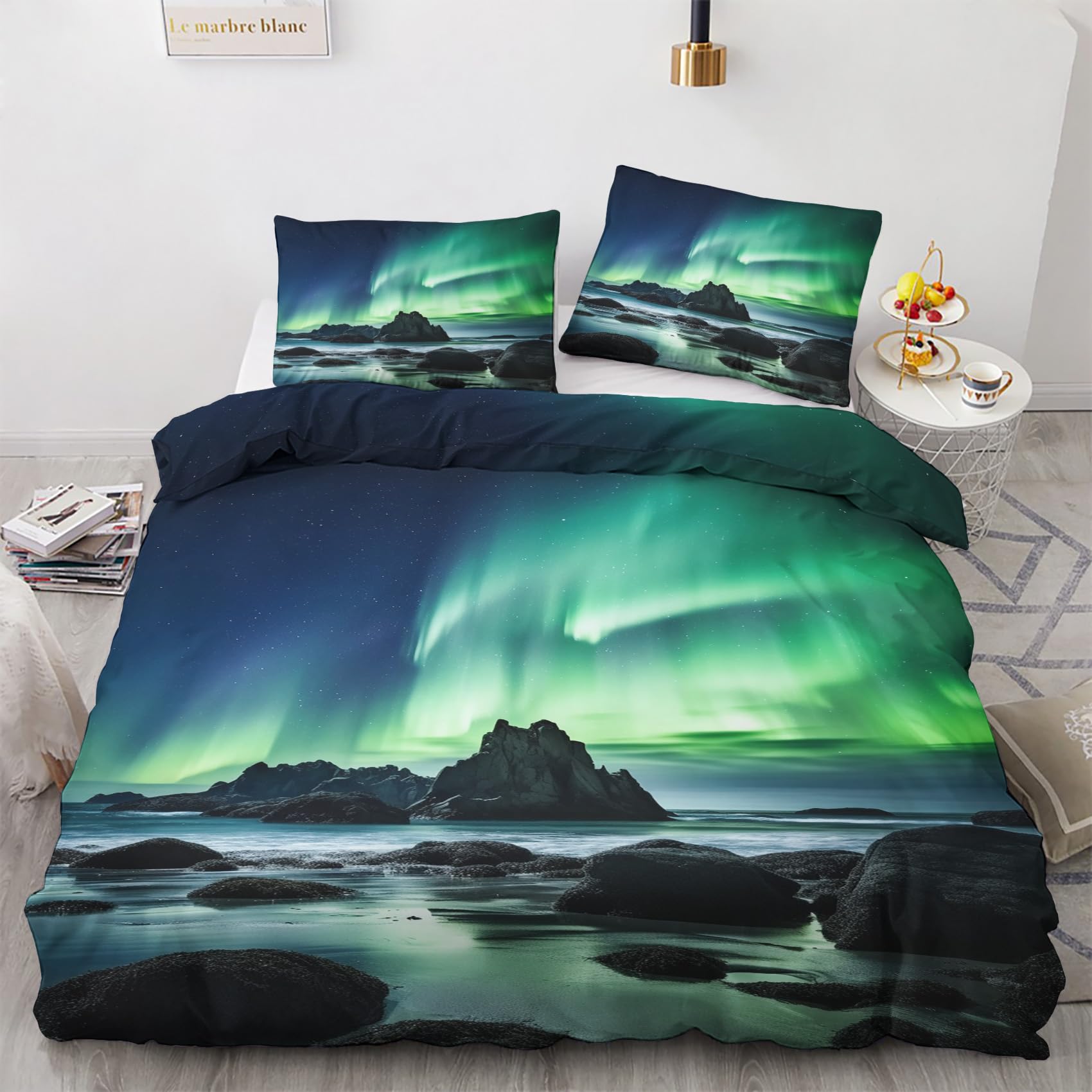 Parure de lit d'hiver 135 x 200 motif aurores boréales housse de couette zippée