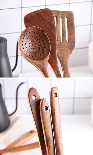 Miniatura 4 de Juego de utensilios de cocina saludables, herramientas de cocina de madera, espátula y cucharas de madera dura antiadherente natural, duradera,