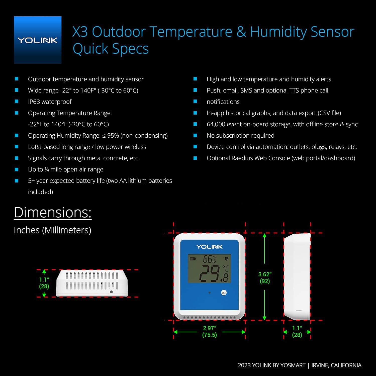 YoLink X3 Outdoor Temperature and Humidity Sensor with Data Logger, Thermometer, 1/4 Mile Range, 5+ Years Battery Life, Emails, Text, App Alerts, Alexa, IFTTT. Hub Required!
