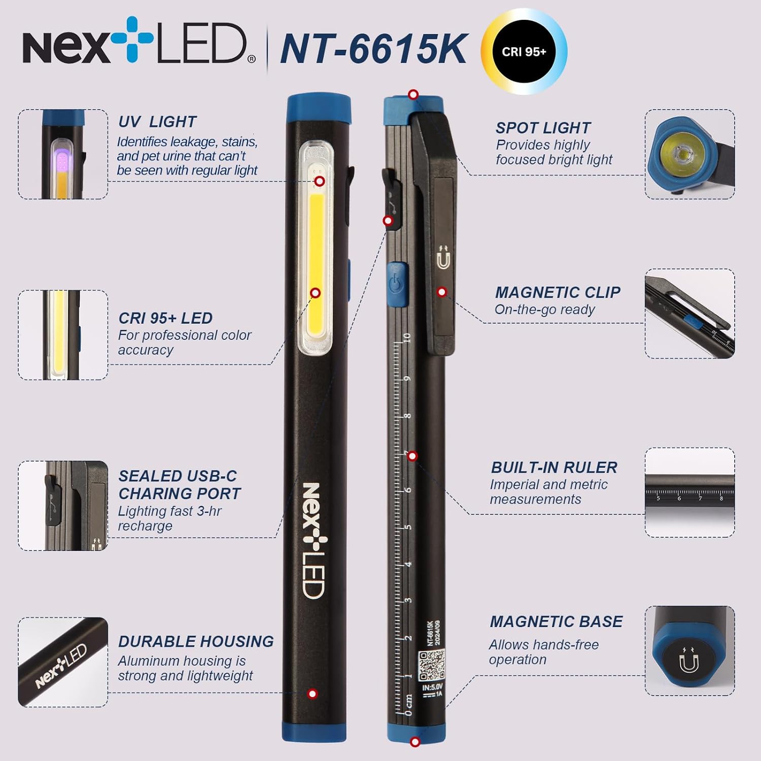 NextLED NT-6615K CRI 95 Auto Detailing Light, Rechargeable Pocket Flashlight, 430 Lumen, 6000K, Magnetic, Spot/Flood/365nm UV Light 3 in 1, for Paint Correction, Swirl Finder, Pro Paint Matching Tool