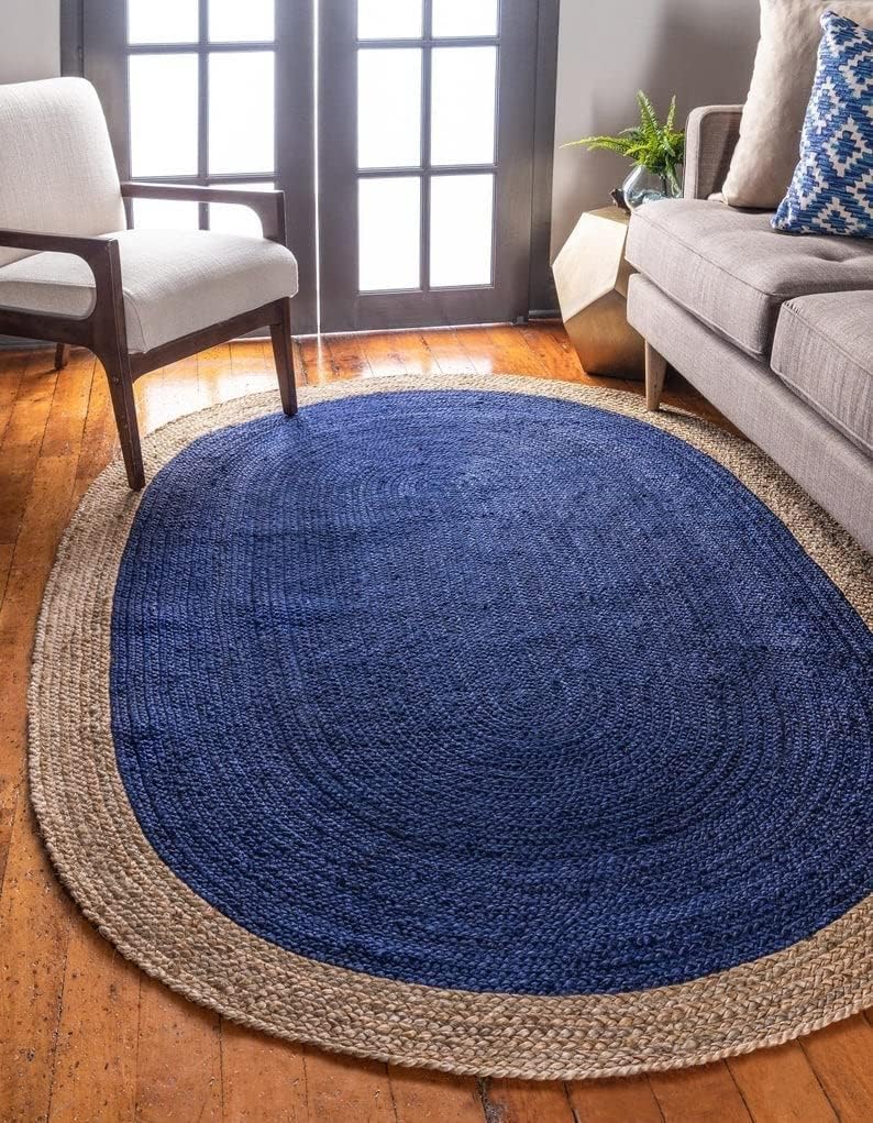 4x6 5x8 Oval Natural Jute Rug Beige Border and Blue Clour