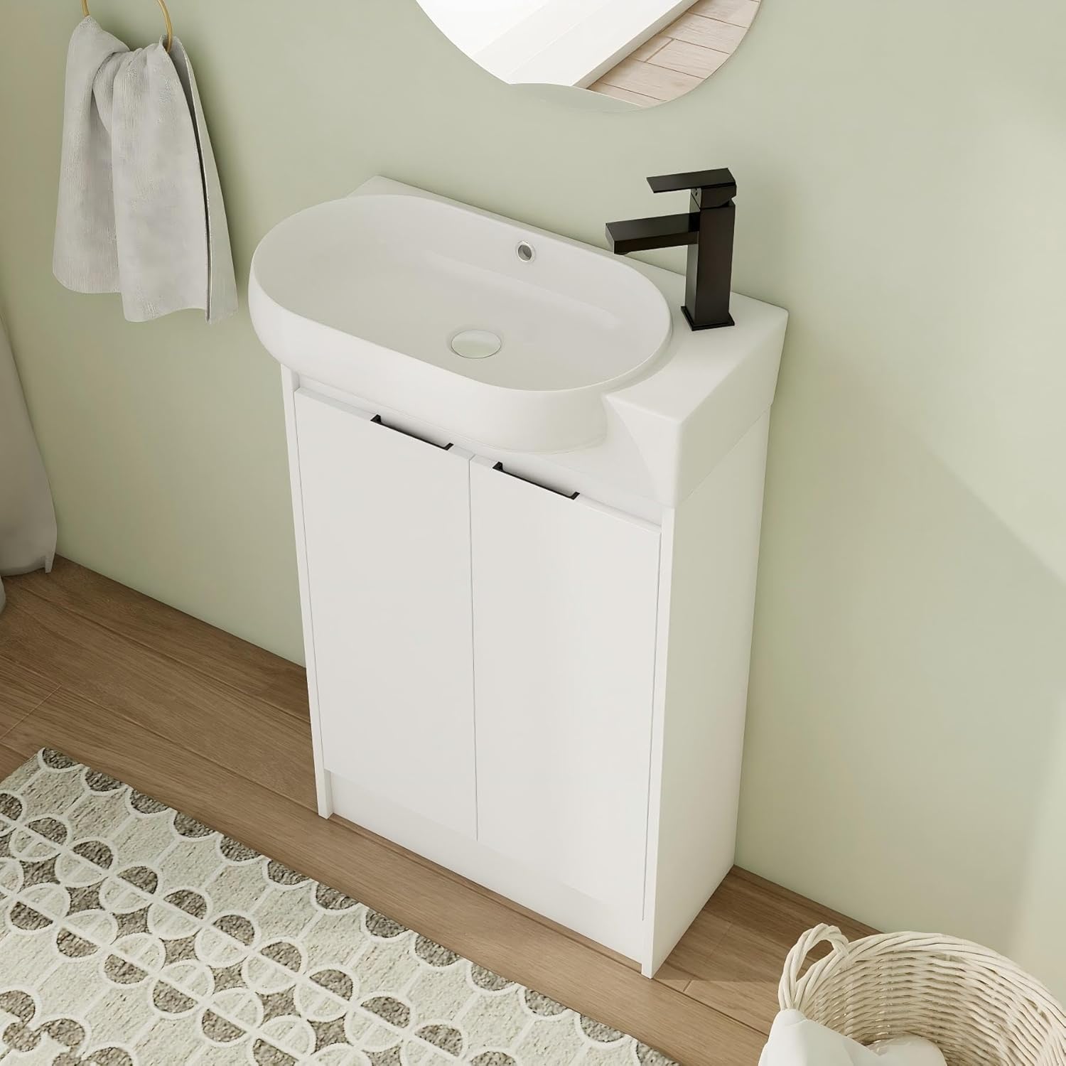 23 Inch Freestanding Vanity, 23" Bathroom Vanity with Sink, Single Sink Floor Stand Vanity Combo, Modern White Bathroom Vanity Set with 2 Doors and White Basin Sink