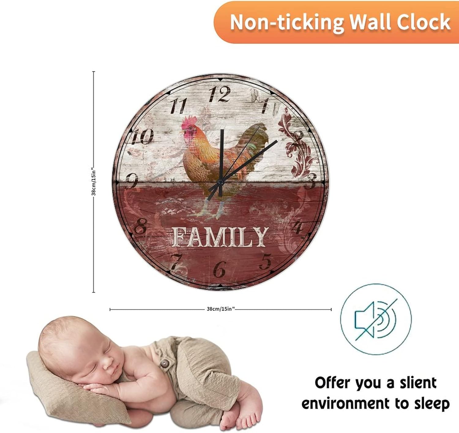 UFunhome 15-Inch Rustic Wooden Wall Clock Silent Non Ticking Battery Operated Round Clocks Country Rooster Rustic Wood Home Decor Retro Hanging Wall Clocks for Patio Pool Bathroom Bedroom