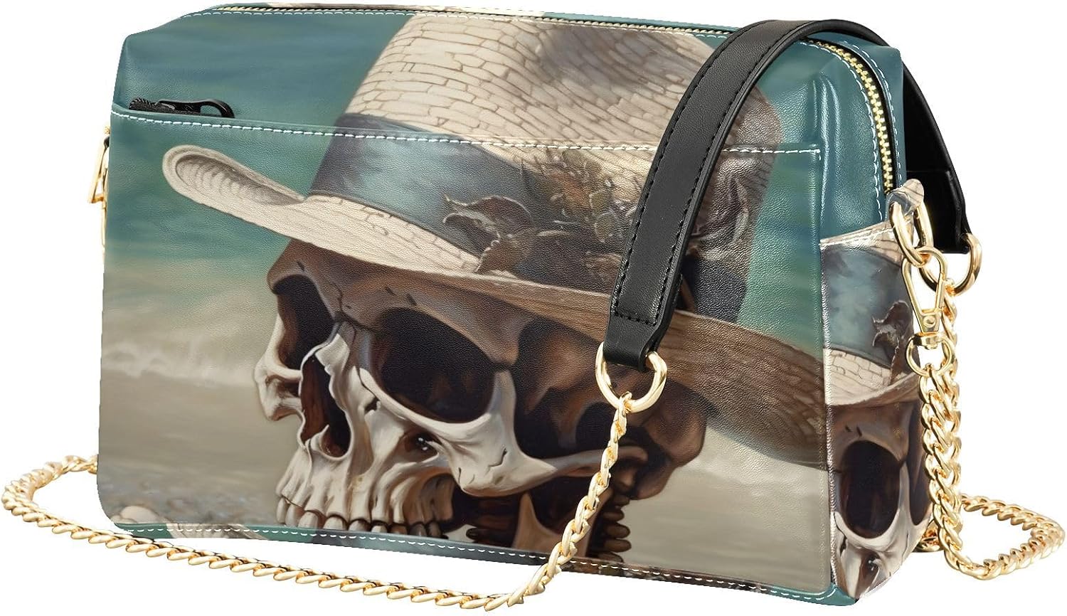 Beach Skull Women's PU Leather Crossbody Bag Shoulder Handbag Cellphone Purse with Metal Chain Strap Water Resistant Zipper Closure