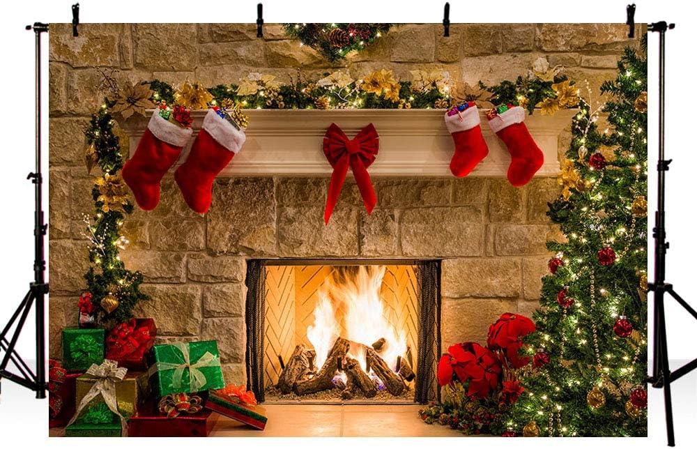 MEHOFOTO 8x6ft Merry Christmas Eve Photo Studio Backdrop Christmas Trees Xmas Fireplace Gifts Red Bow Stocking Backgrounds for Photography