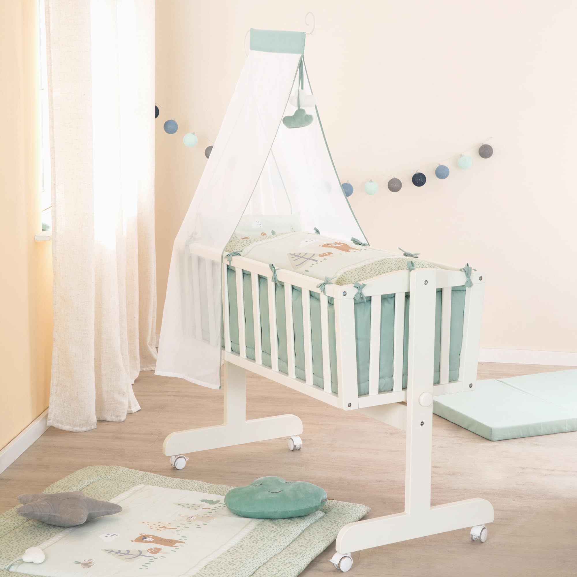roba Biancheria per Culla Woodland Buddies - Piumino 80 x 80 cm + Federa 35 x 40 cm - Cotone Morbido - Verde Pastello con Orso, Coniglio & Ape