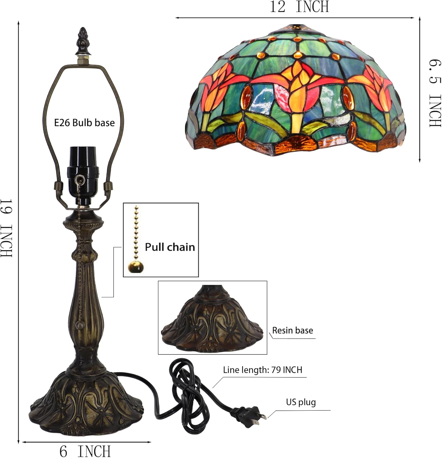 Tiffany Lamp Stained Glass Table Lamp Bedside Reading Light W12H19 Inches (Tulip Style)