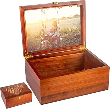 Larger Wooden Memory Keepsake Boxes With Hinged Lids and a photo frame inside the lid - Decorative Storage Box With a Hinge Lids For Picture Letter Time Capsule - 5.3*8.6*11.7- Acacia