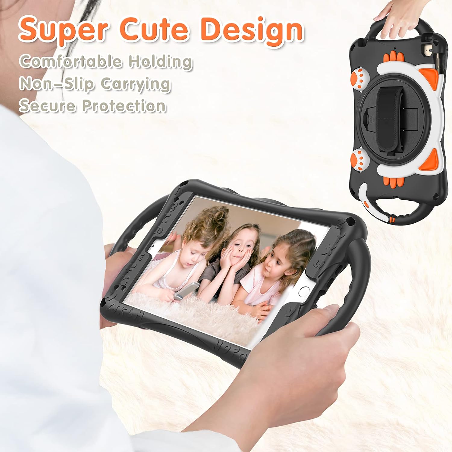 Shockproof Kids Case for iPad Mini 5/4/3/2/1,Cute Cat Dropproof Protective Cover for iPad Mini 5 2019/ Mini 4, Mini 1 2 3 W 360° Rotating Kickstand+Handle+Shoulder Strap