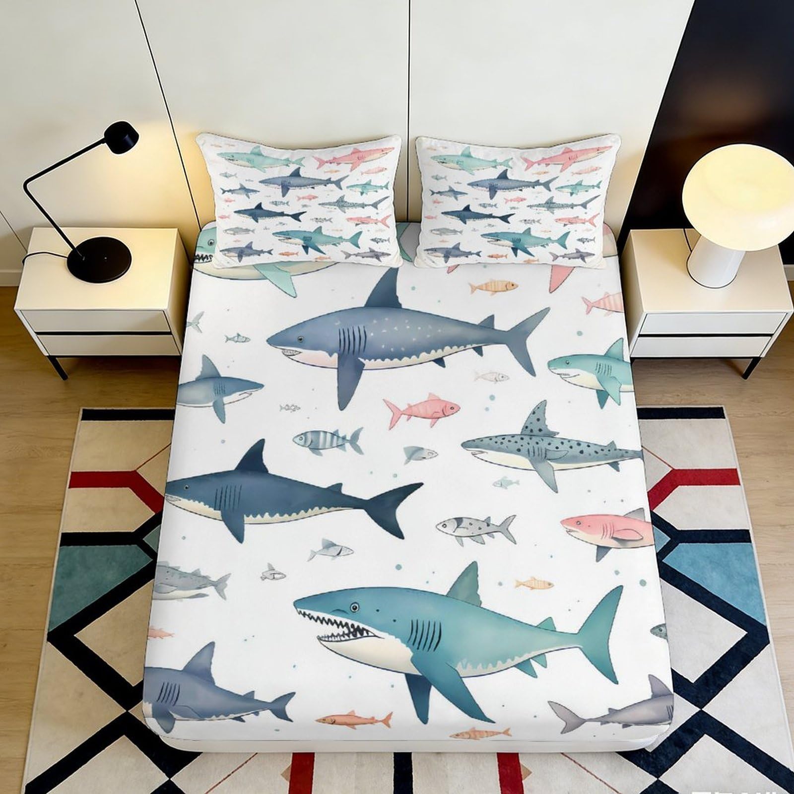 3D Printed Shark Ocean Fitted Sheet Microfiber Soft Breathable Cartoon Fish Mattress Cover for Bedroom Dorm Decor 120x200x25cm