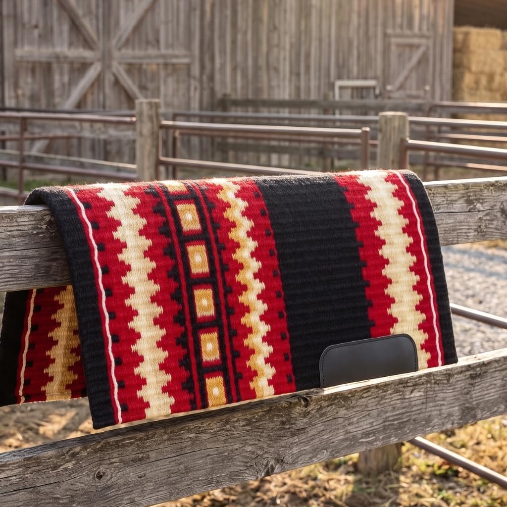 Western Show Saddle Pad/Blanket for Horses - Handmade Wool Saddle Blanket with New Zealand Design, Thick, Durable & Comfortable for Horse Riding (34” L x 32” W x 1) M91