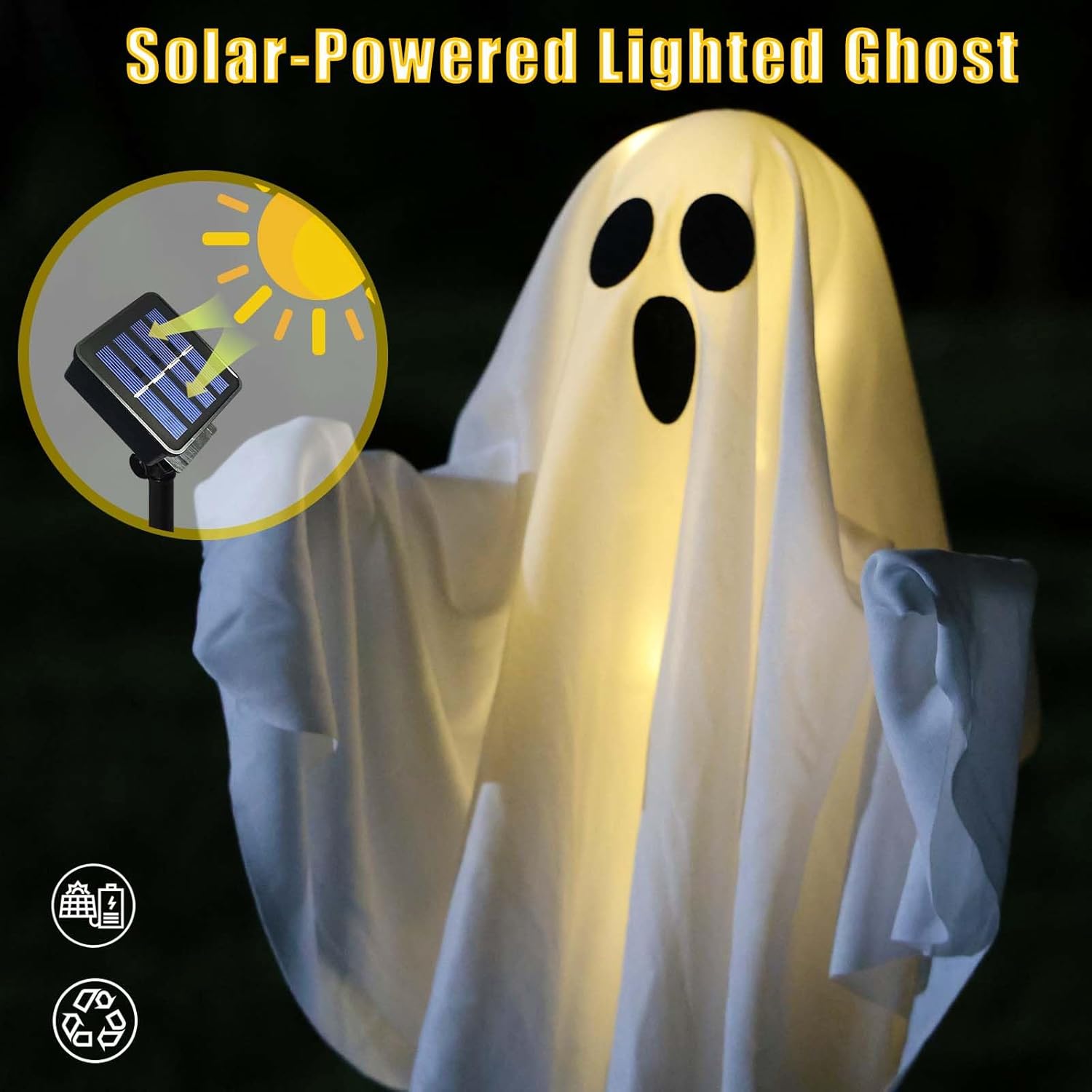 Solar Powered Halloween Decorations, 3 Pack Light Up Ghost Outdoor Path Pathway Kit Walkway Driveway Warm White Led Lights Solar Power Scary Yard Stakes Garden Lawn Decor