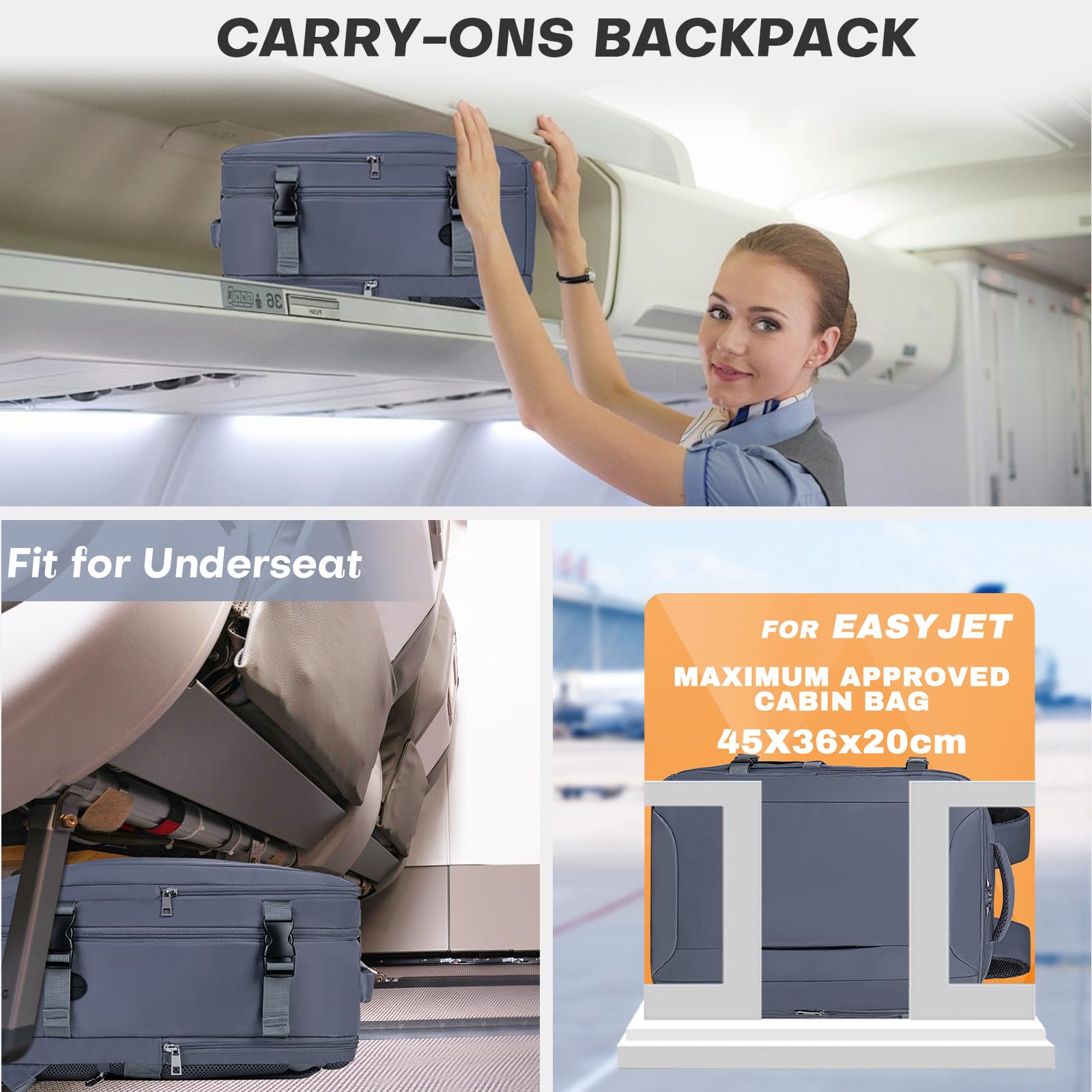 Xkdoai Zaino 45x36x20 per Easyjet, Bagaglio a Mano Dimensioni adatte Borse Cabina Valigia Zaini Casual Unisex Borsone da Viaggio Impermeabile Casual Daypack per Scuola Trekking Lavoro