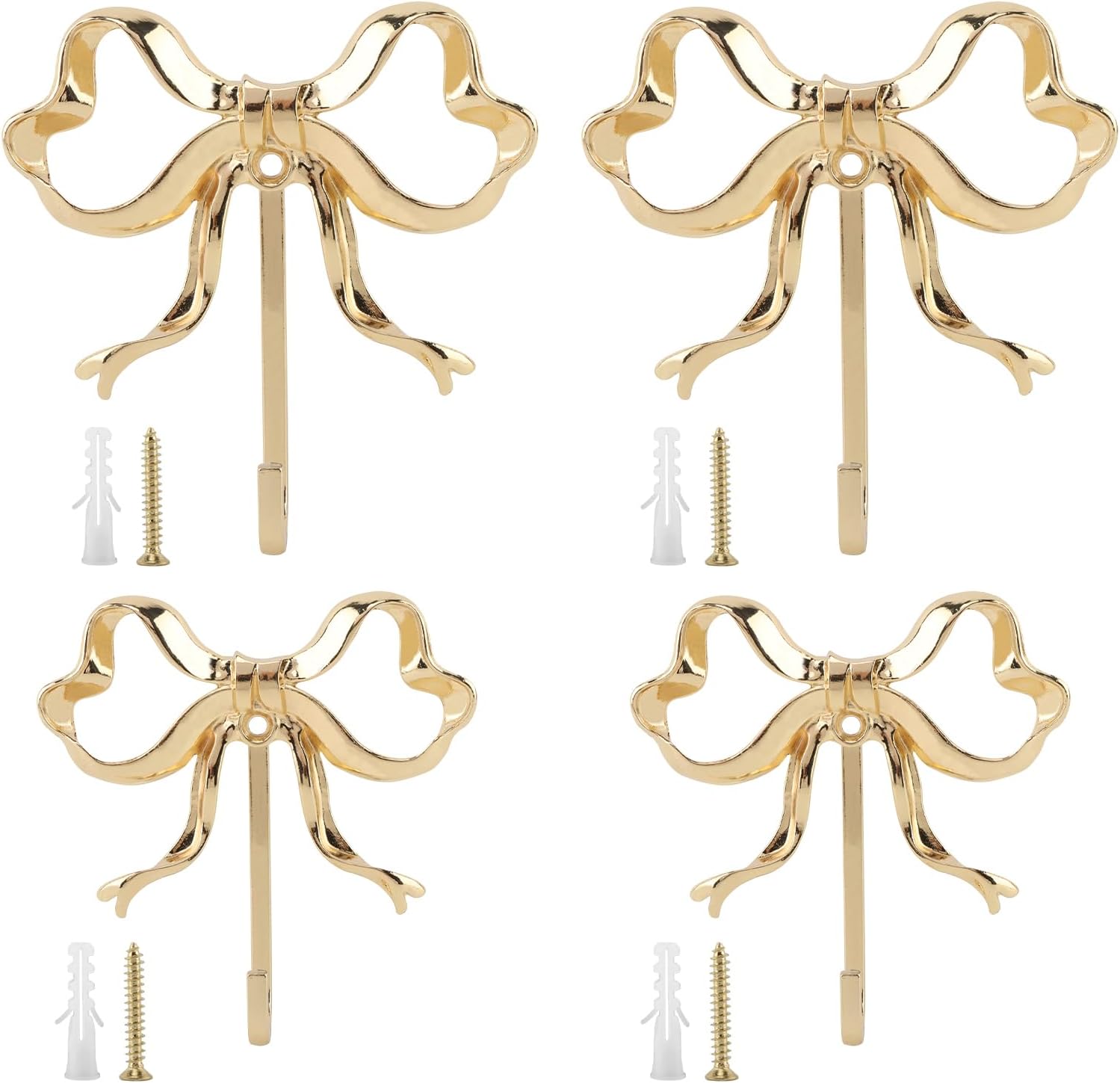 4Pcs Gold Bow Knot Hooks, Large Size Bow Wall Door Hanger Towel Hooks, Brass Coat Hanger Decorative Holder for Coats, Coffee Mugs, Hats, Bags, Bath Towels(Color:Gold)