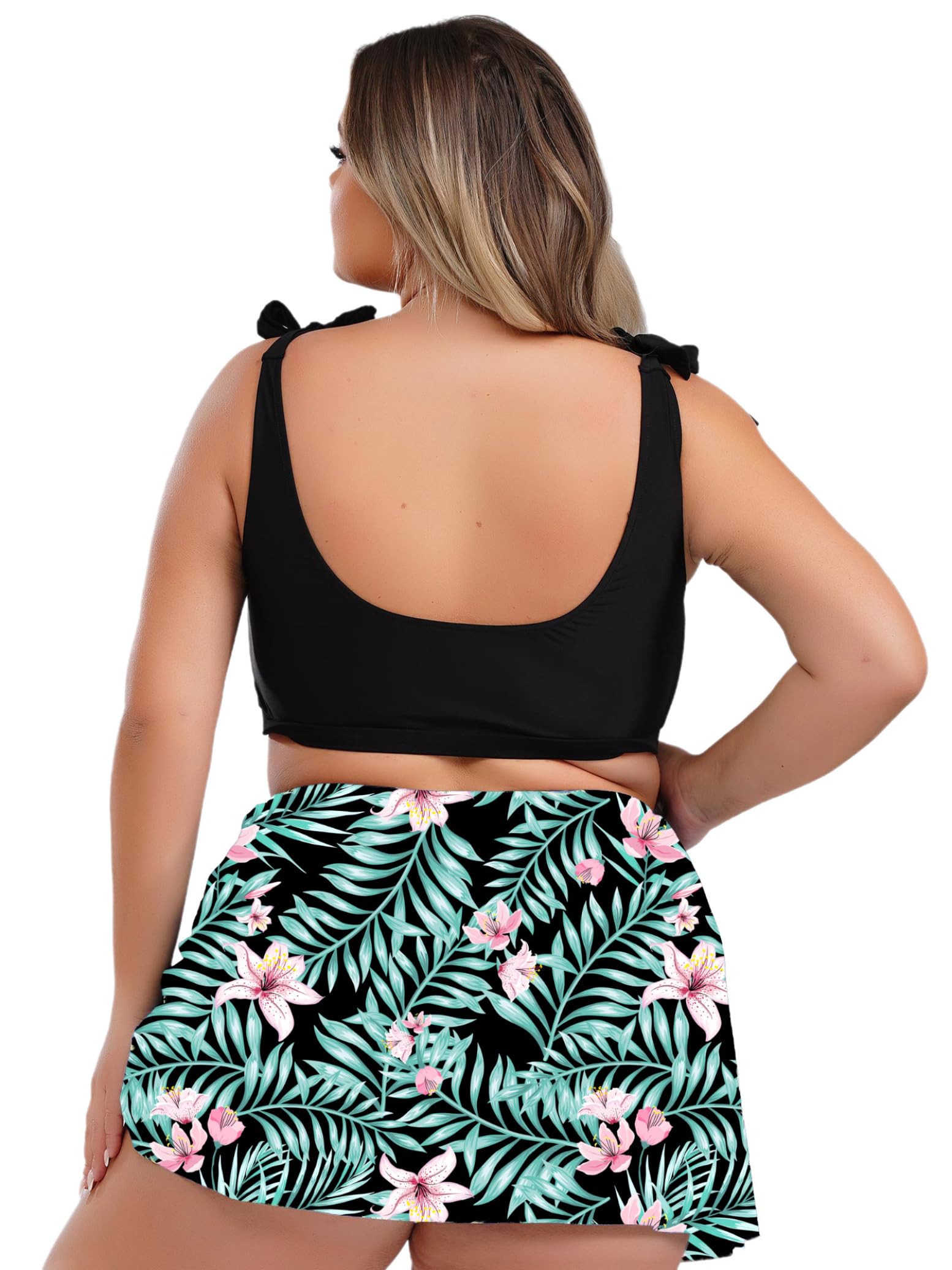 Yihuimin Women 2Pcs Plus Size Graphic Print Beach Swimsuit Drawstring Cropped Tops and Swim Skirt Set Bathing Suit Black&Green 4X-Large