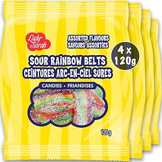 Gummy Candy Bag - Sour Rainbow Belts | Smart Choice from Lady Sarah Variety Sweets - Canada's Top Gummies Candy - 4 Sour Candy Bags x 120g - 480g
