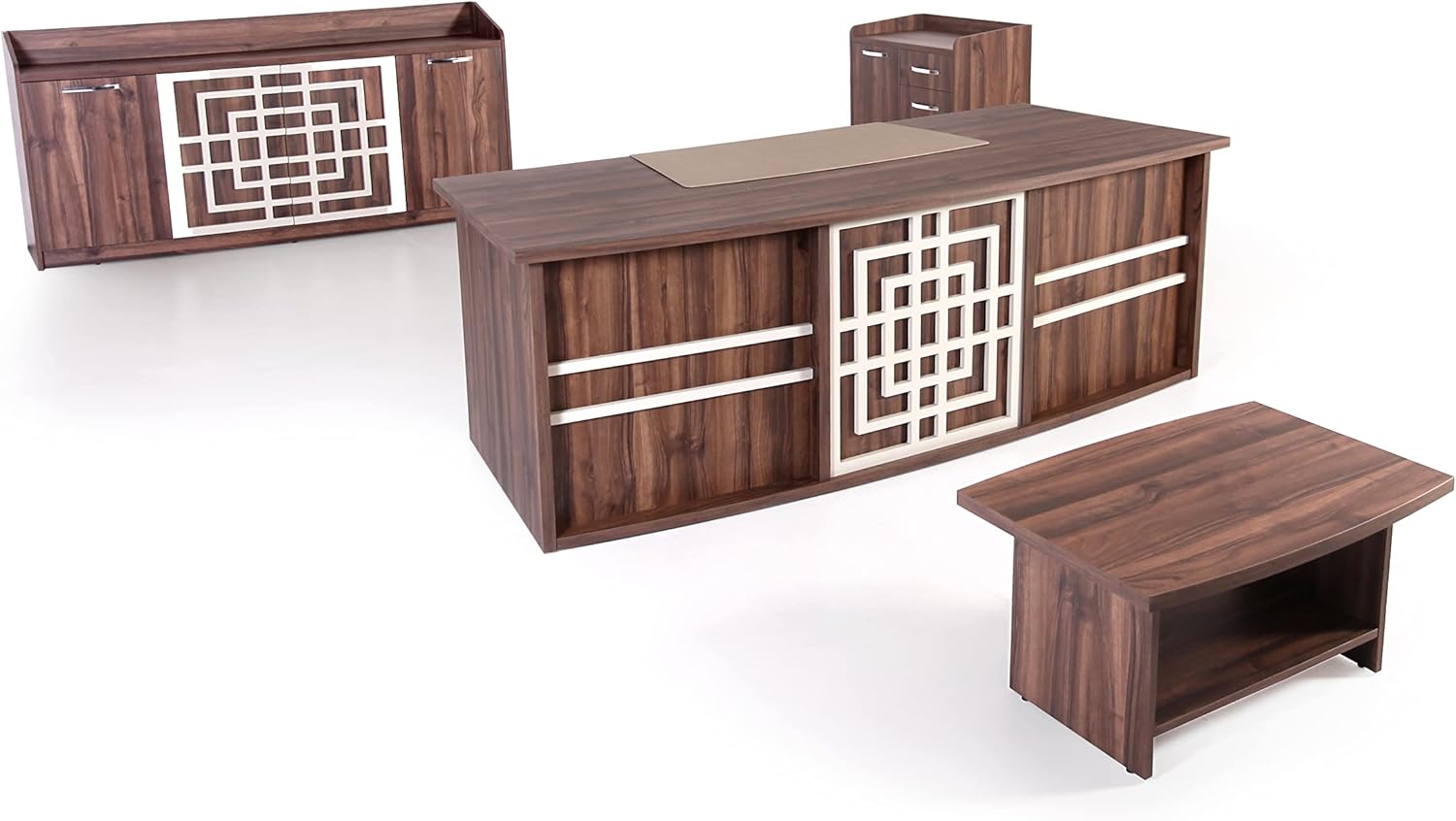 87" Wood Office Furniture Set of 4pcs | Executive Desk w/Leather Pad | Rolling File Drawers w/Wheels & Telescopic Rails | Storage Cabinet w/Chrome Handles | Coffee Table | Modern Home Suite