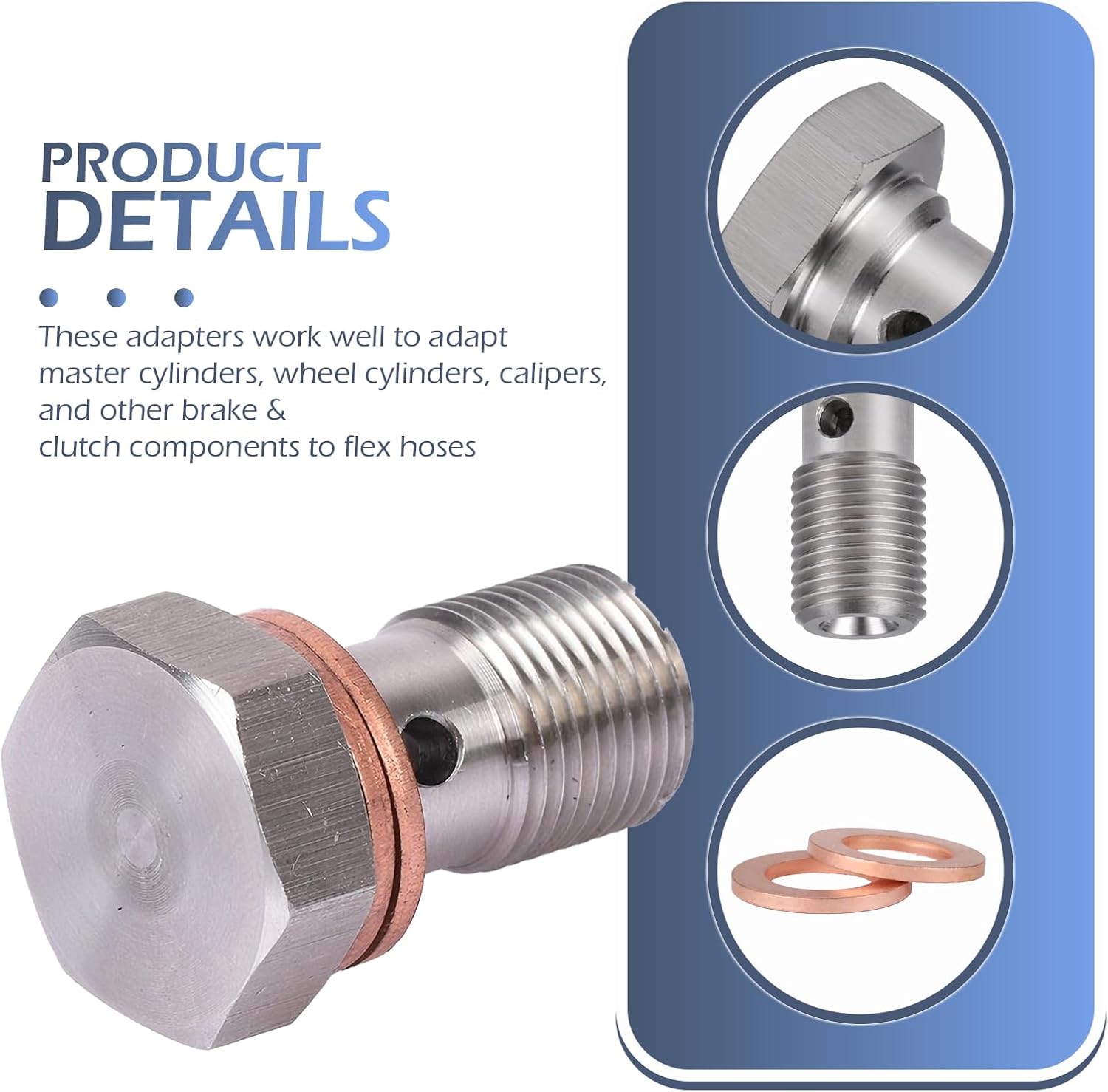 M10x1.0 Metric Stainless Steel Single Banjo Bolt Brake Fitting Adapter, with Copper Washers, Threaded Turbo Brake Line Banjo Fittings, 20mm Long