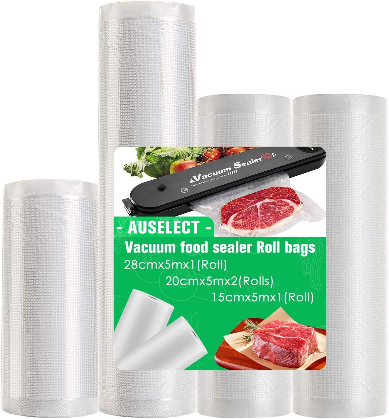 AUSELECT Vacuum Sealer Rolls, 4roll Vacuum Seal Food Storage Bags, 28