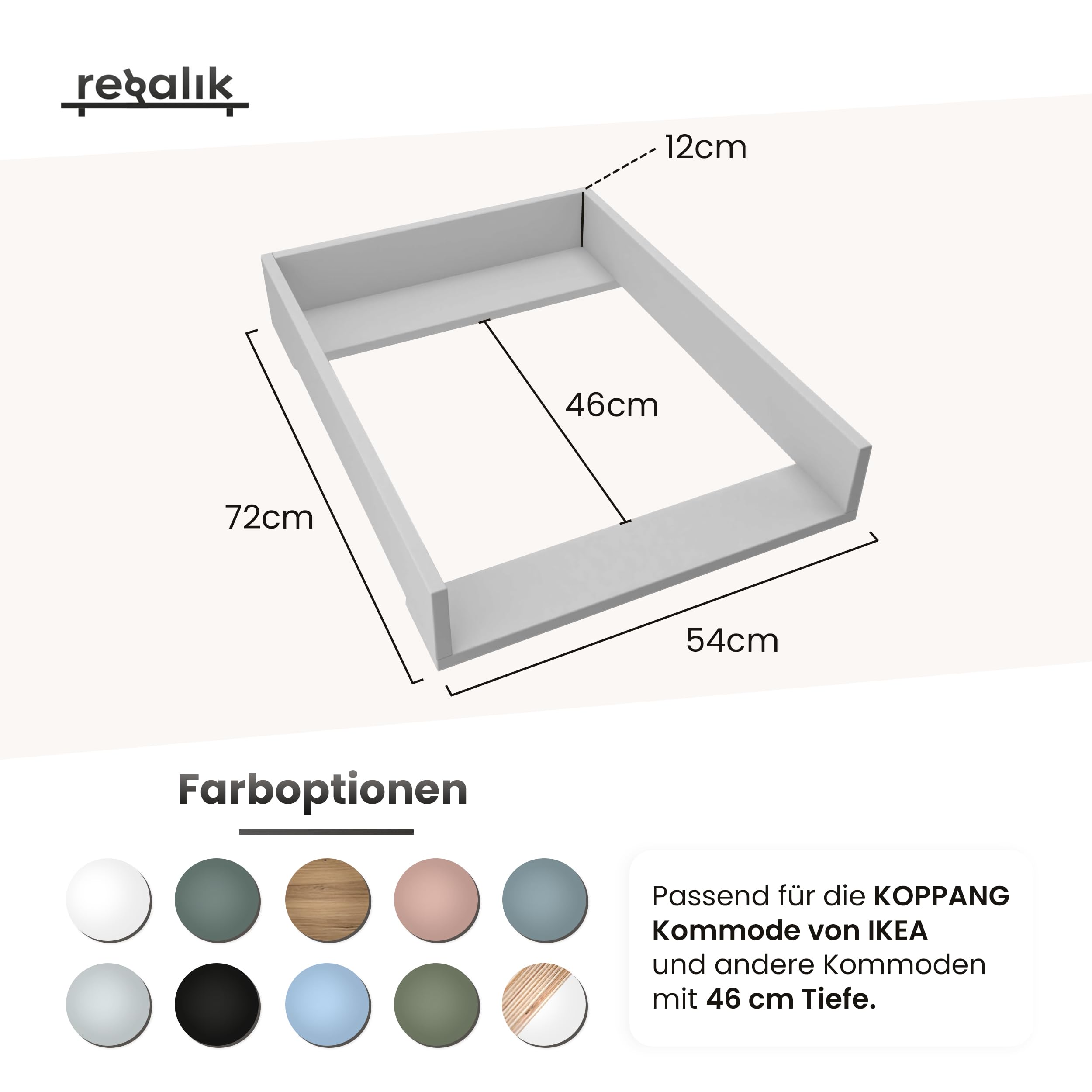 Wickelaufsatz für Koppang von IKEA, Wickeltischaufsatz für 46 cm Kommoden, Abnehmbar Wickelkommode aufsatz, Abgerundeten Frontplatten, Oak, 72cm x 54cm