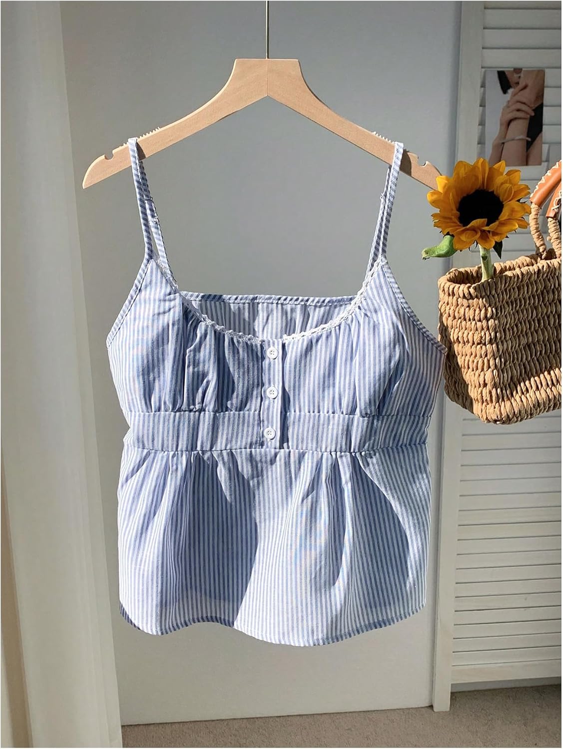 Floerns Women's Cute Striped Spaghetti Strap Camisole Tops Button Flared Hem Cami Top - Image 5