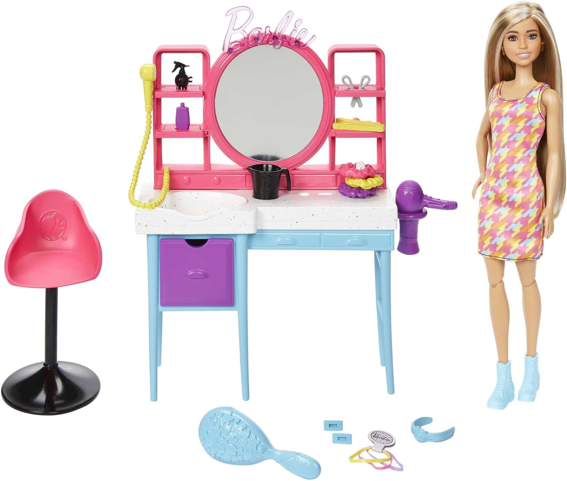 Doll & Hair Salon Playset with 15 Styling Accessories & Furniture, Long Color-Change Hair & Printed Dress, HKV00