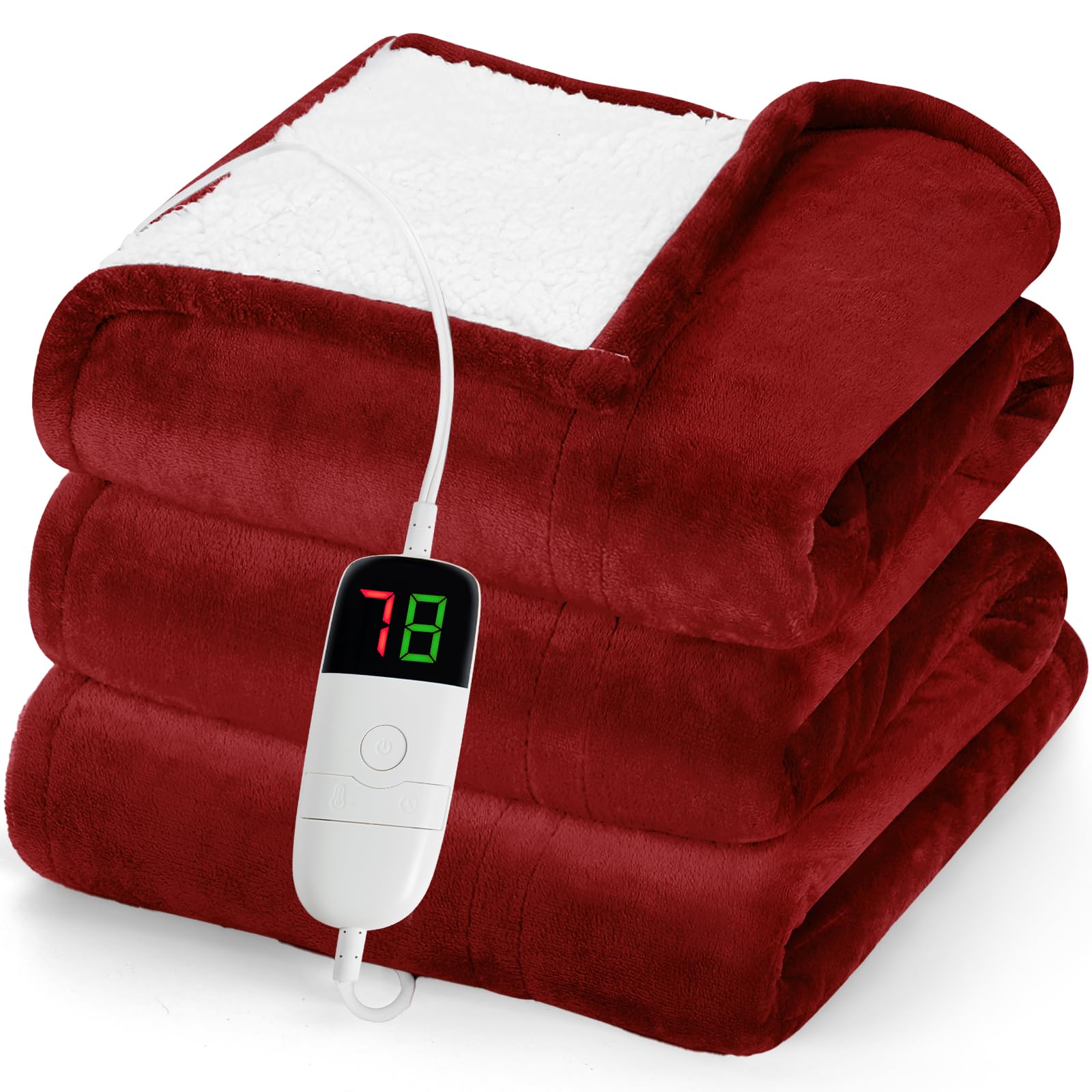 greenoak Heated Blanket Electric Full 72"X84", Heating Blanket with 10 Heat Levels 1/2/4/6/8 Hours Auto-Off Overheat Protection, Flannel Sherpa Soft Warm Heater Blanket, ETL Certified Red