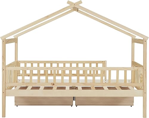 Miniatura 7 de Merax Cama de Casa de Madera Tamaño Individual con Dos Cajones, Marco de Cama de Madera con Techo y Barandilla de Seguridad para Niños,