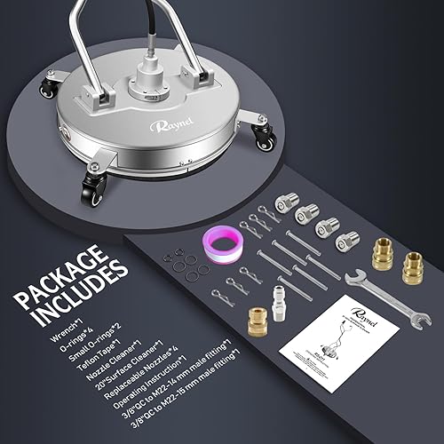 Miniatura 8 de RAYNEL Limpiador de superficie de lavadora a presión de 20 pulgadas con 4 ruedas, mango doble, carcasa de acero inoxidable, 2 adaptadores de