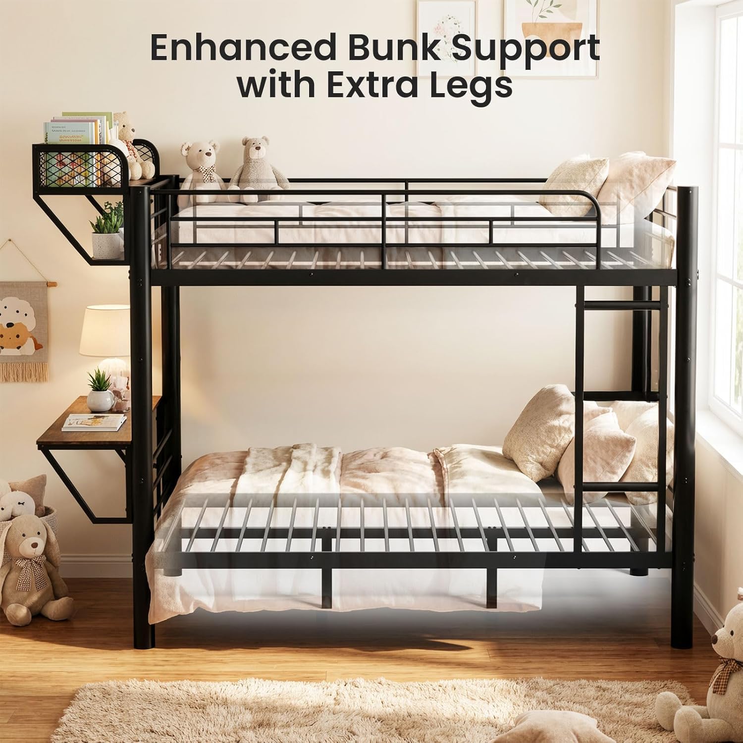 Mixcous Full Over Full Metal Bunk Bed with Desk, Full-Length Guardrails & Extra Storage Space, Heavy Duty Steel Bed Frame with Two Desks, Space-Saving, No Box Spring Needed, Black