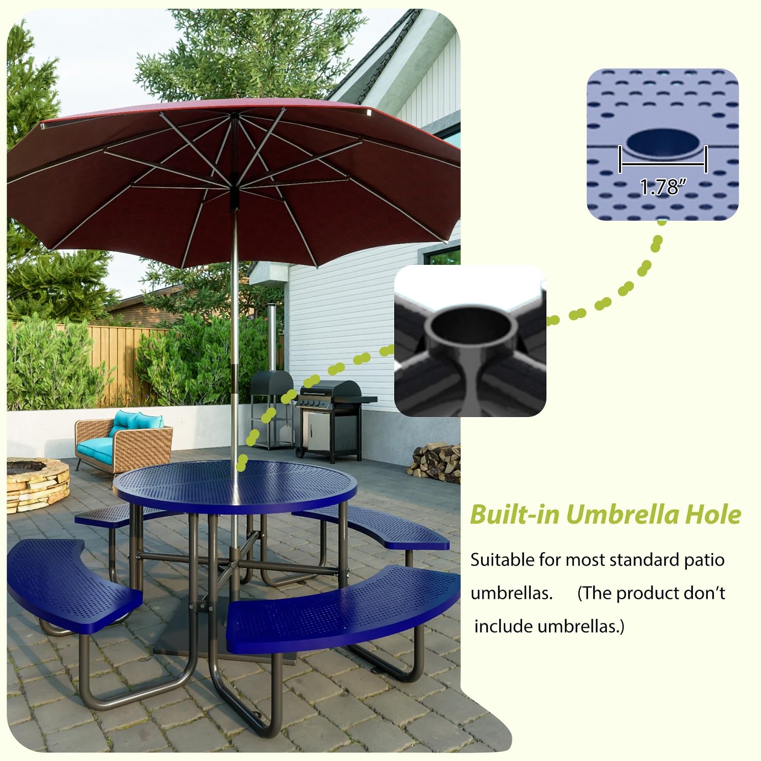 DetalleGo Round Metal Picnic Table with Umbrella Hole, Open Air 46 Inch Portable Picnic Table Furniture, Sturdy Stainless Steel Mesh Commercial Tables for Outdoor, Patio, Store, Easy Installation : Patio