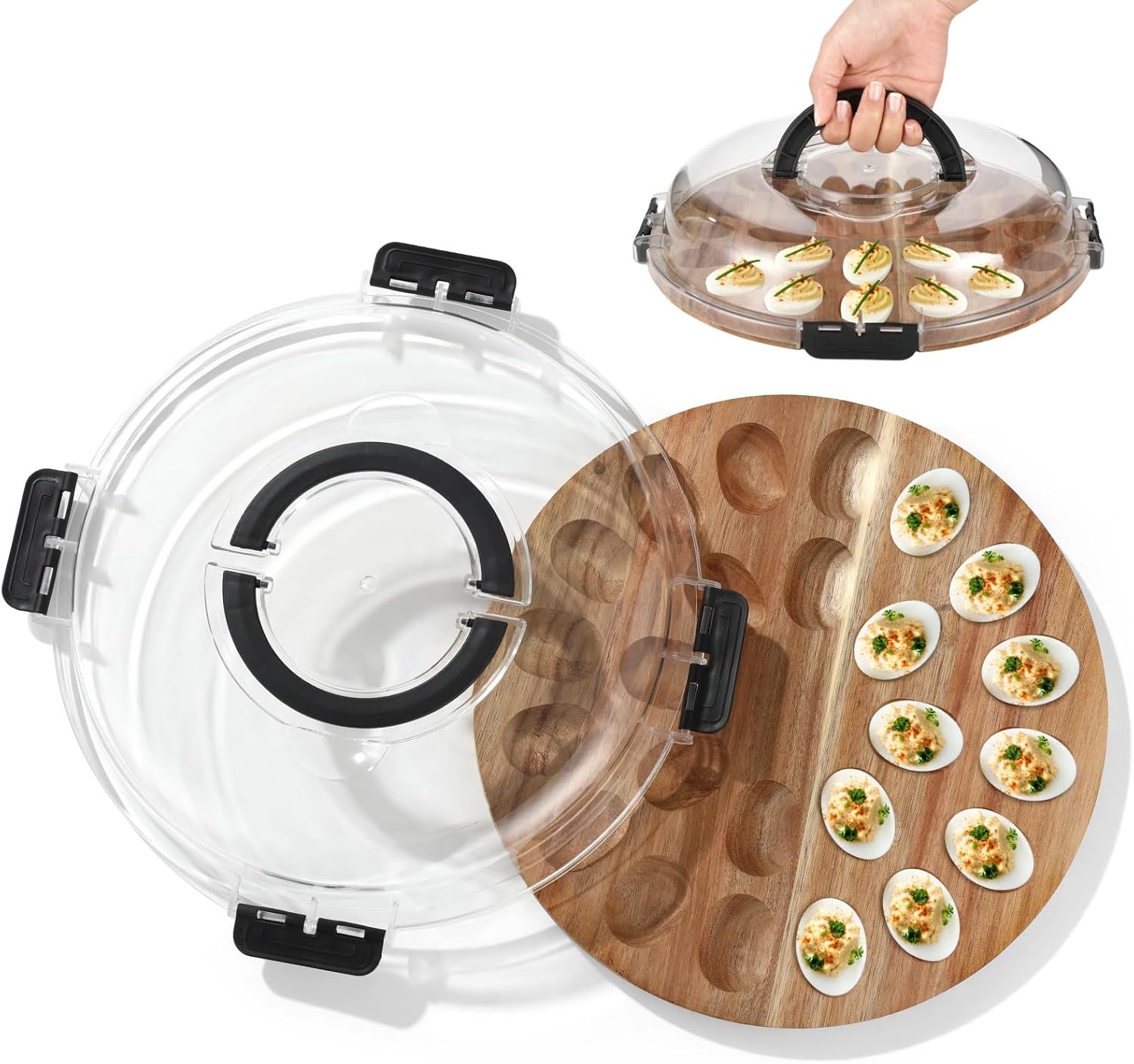 Deviled Egg Tray with Lid for 24 Eggs, Wooden Food Carrier with Handles, Locking Cover for Parties, Picnics, and Holidays