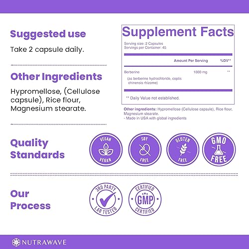 Miniatura 2 de Nutrawave Pure Berberine Máxima Potencia  Apoya los niveles de azúcar en sangre y metabolismo, 1000 mg por porción  2 cápsulas  Para adultos que