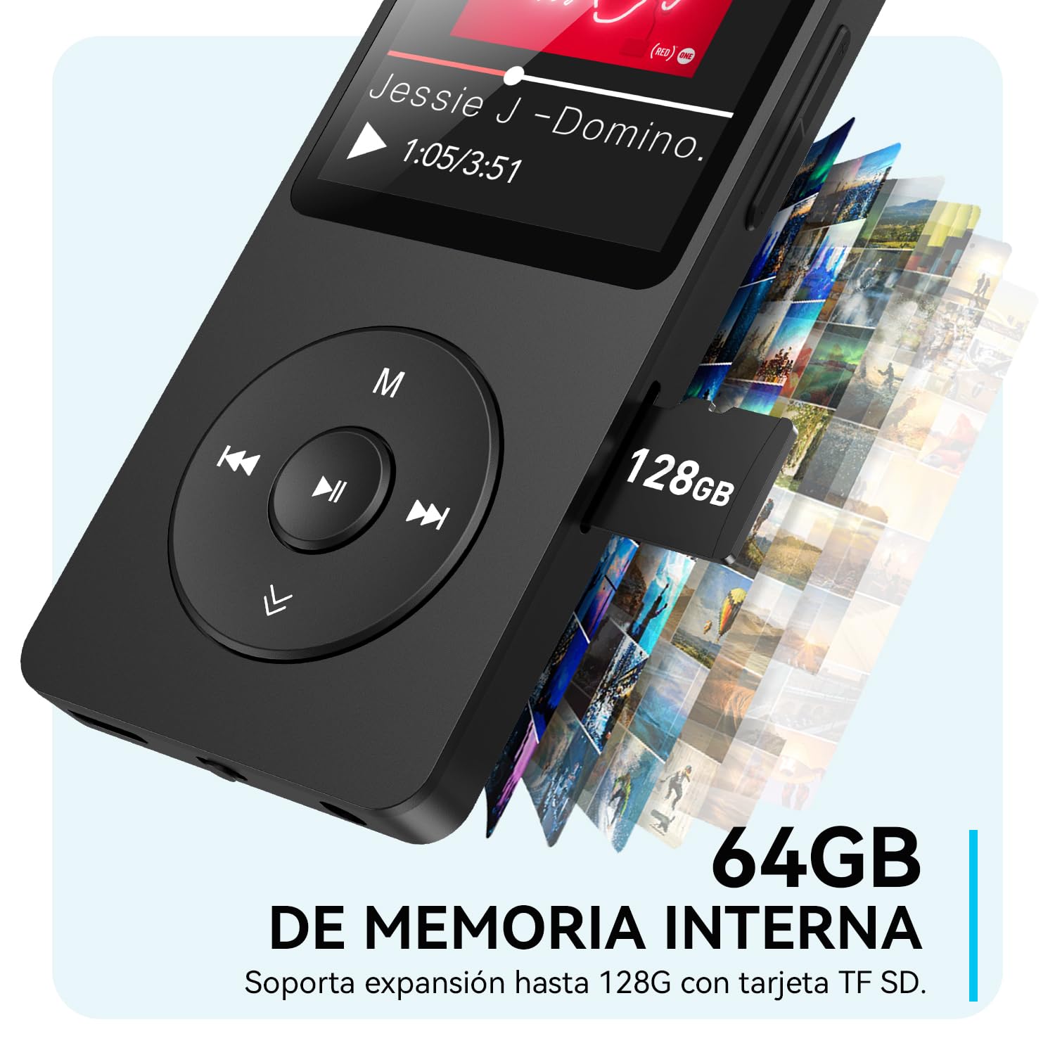 64GB Reproductor MP3 Bluetooth 5.3, AGPTEK MP3 Player, Reproductor MP3 Deportivo Portátil, 1.8" Pantalla de 70H de Reproducción, MP3 de Niños Radio FM, Externo hasta 128GB(Sin Auriculares), Negro