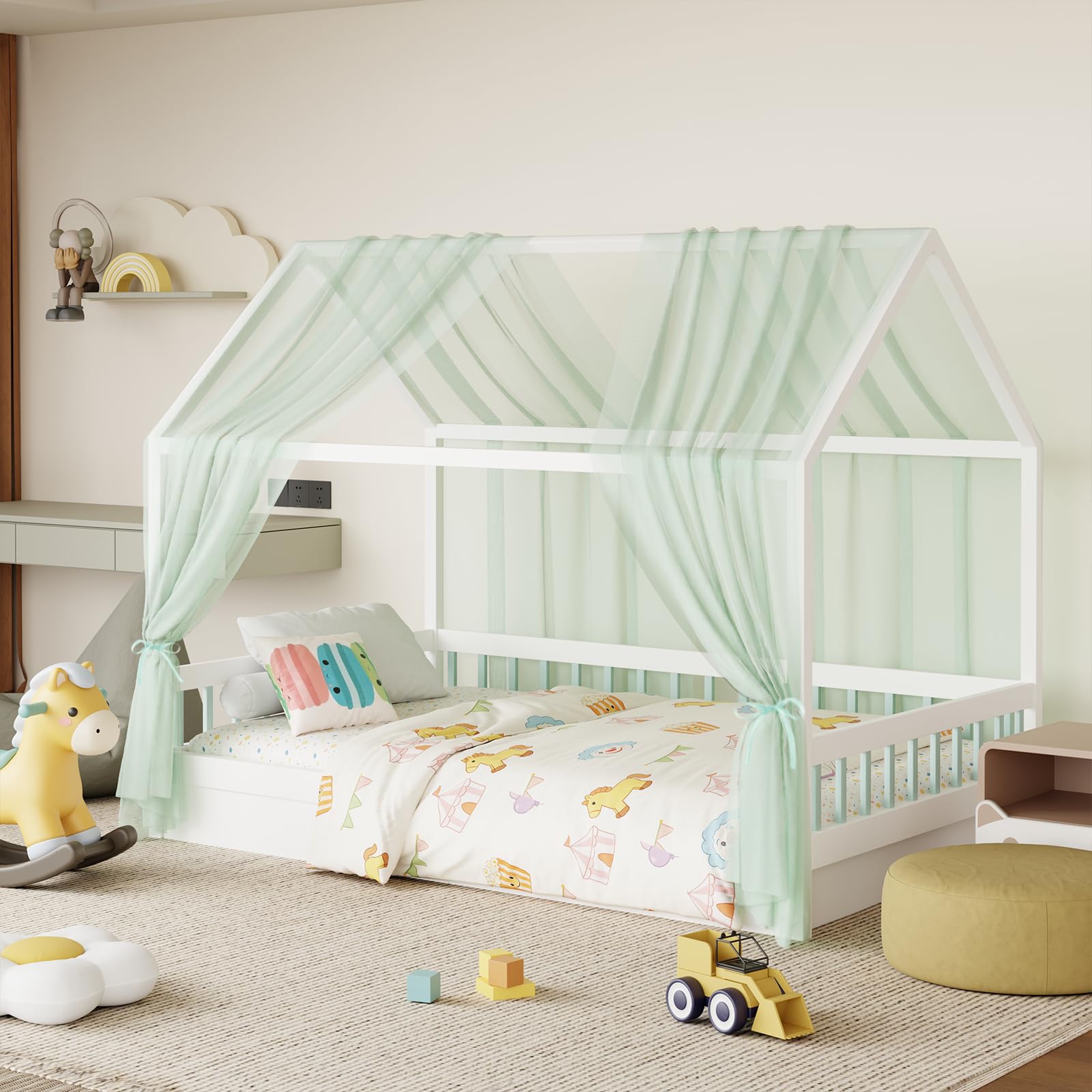 GFCC Hausbett Himmel Vorhänge 2er Set, Tüll Betthimmel Himmelbett für Hausbett Deko & Himmel für Kinderbett Mädchen & Jungen, 150x350cm Grün