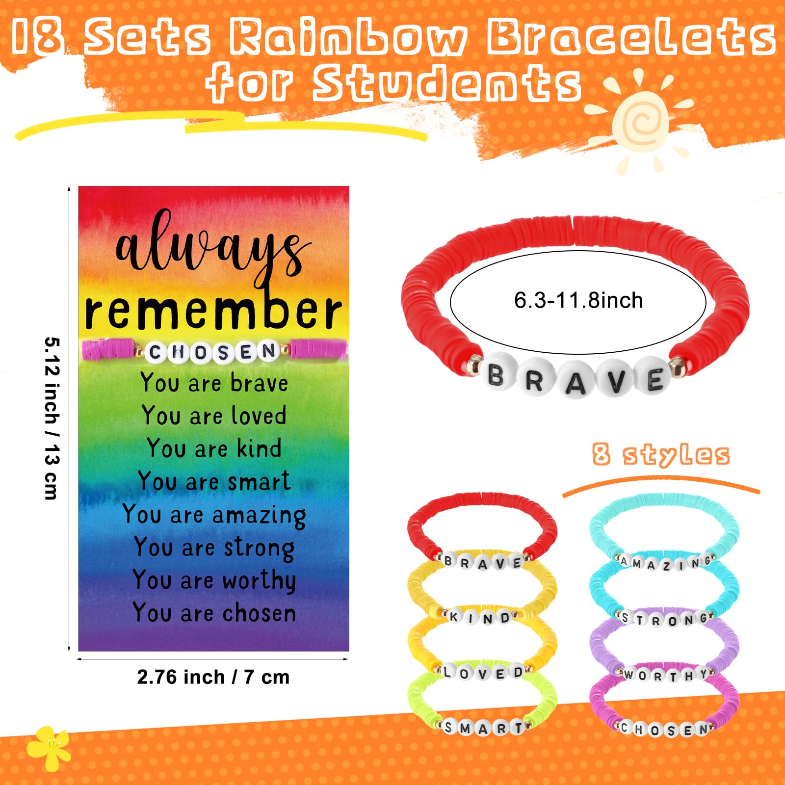 Huquary 18 Set End of the Year Gifts for Senior Students Rainbow Theme You Are Brave Inspirational Bracelets Polymer Clay Beaded Encouragement Bracelet with Praise Cards Classroom Graduation Gifts