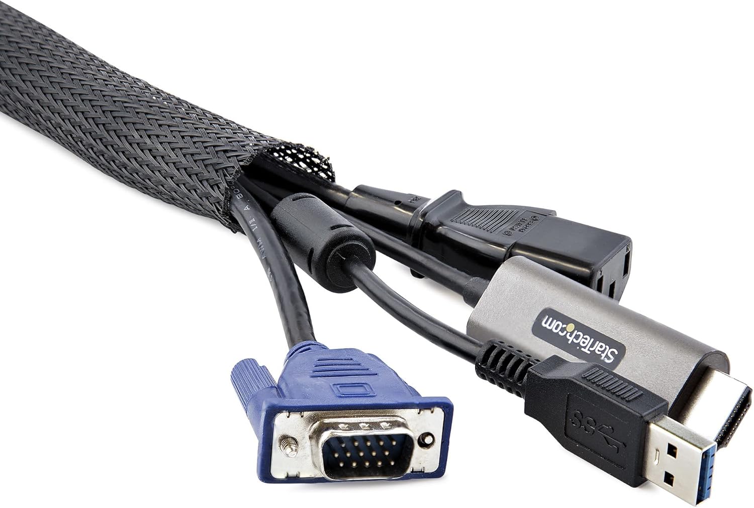 StarTech.com 10ft (3m) Cable Management Sleeve, Trimmable Heavy Duty Cable Wrap, 1.2" (3cm) Dia. Polyester Mesh Computer Cable Manager/Protector/Concealer, Black Cord Organizer/Hider (WKSTNCMFLX)