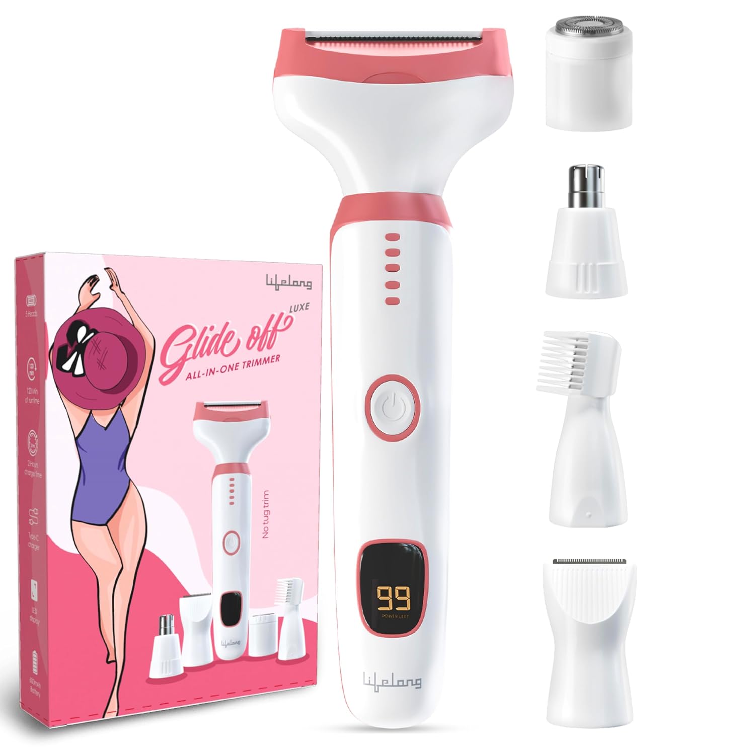 Lifelong GlideOff Luxe 5-in-1 Face & Body Trimmer for Women| Electric Shaver & Razor with 5 Interchangeable Heads for Bikini, Eyebrow, Nose & Ear Hair Removal, 120 Min Runtime, USB Type-C Charge