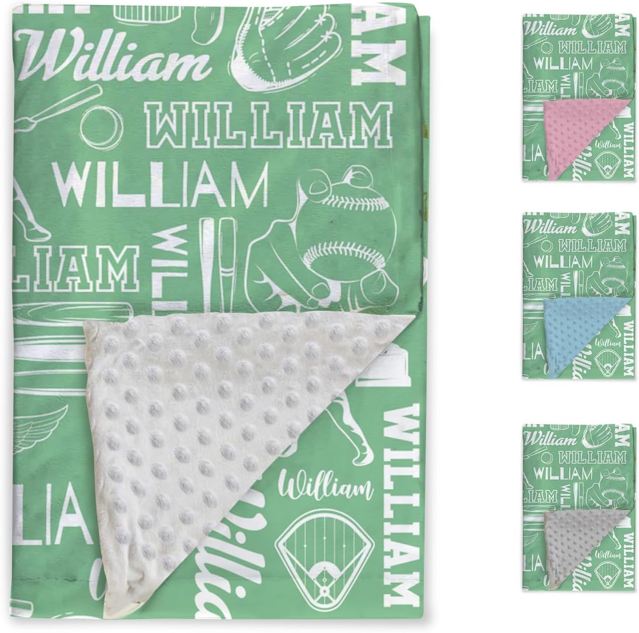 KAINSY Custom Baby Blanket, Baby Personalized Name Blanket for Boys Kids with Double Layer Dotted Backing, Green Baseball Soft Toddler Receiving Swaddle Blanket Suitable for Newborn & Infant(30"x40")