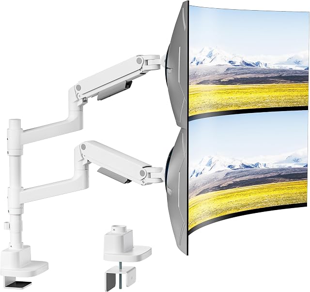 PEGZONE Arme de double moniteur pour 17-49-49, Moniteurs ultralarge, Supports de double moniteur lourd 44 lbs, support de bureau vertical à gaz de ressort à mouvement complet, 75/100 VESA Mont, blanc