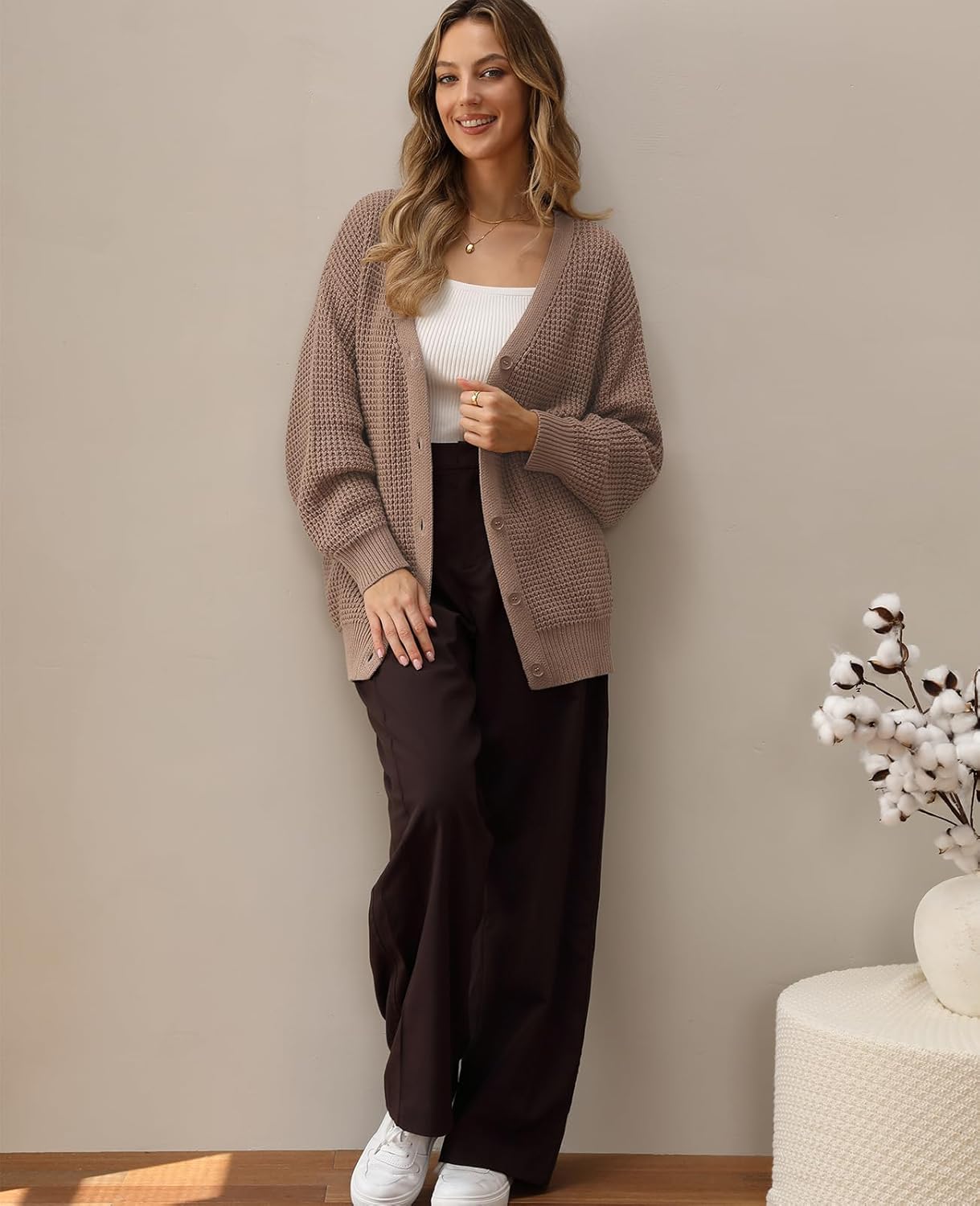 QUALFORT Cardigan Sweaters for Women 100% Cotton Button-Down Oversized Knit Outerwear Fall Tops for Women 2026 - Image 3