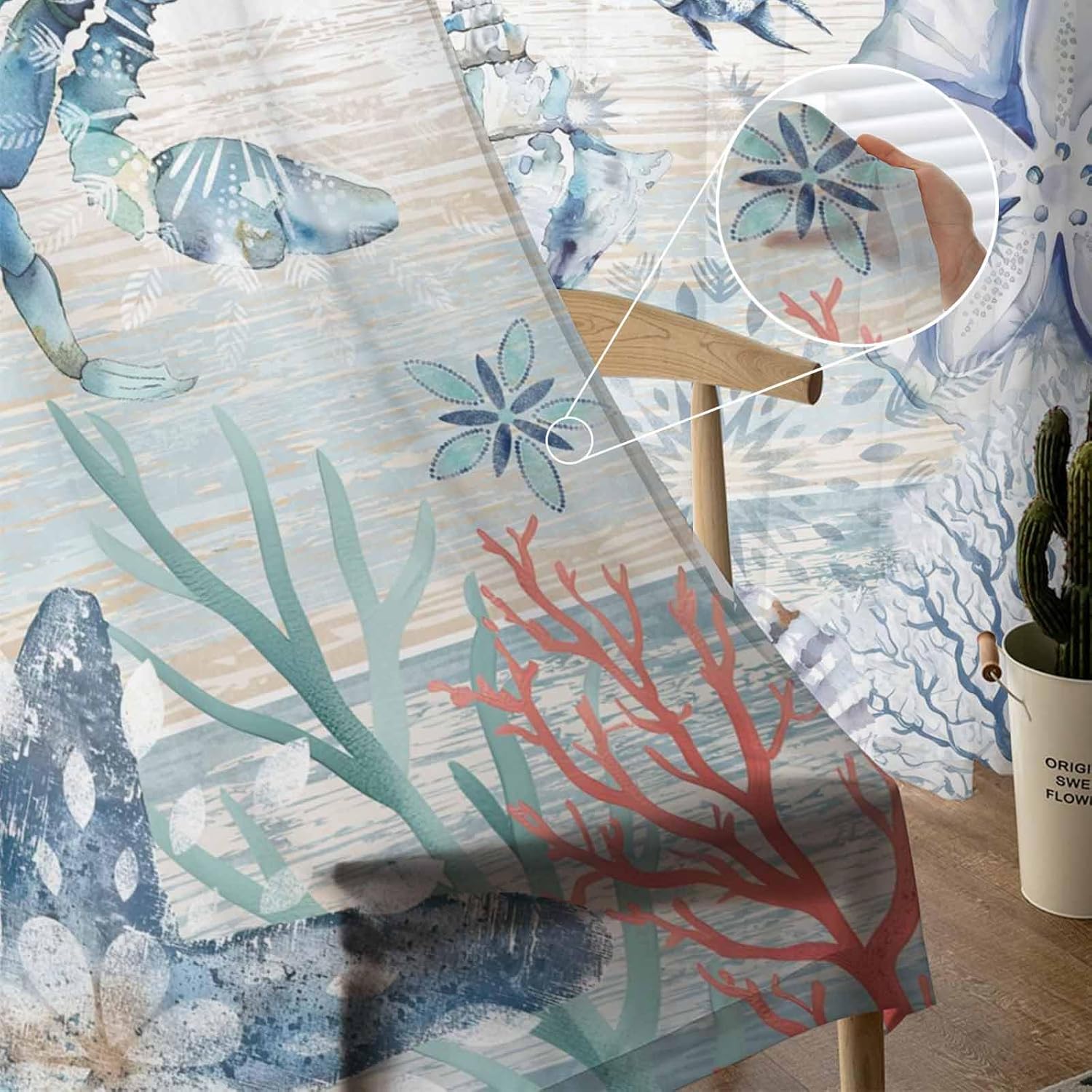 Summer Beach Crab Sheer Curtains 63 Inches Length 2 Panels Set Chiffon Curtain Sheers for Living Room, Coastal Coral Ocean Wooden Rod Pocket Window Drapes Sheer Privacy Curtains Panels