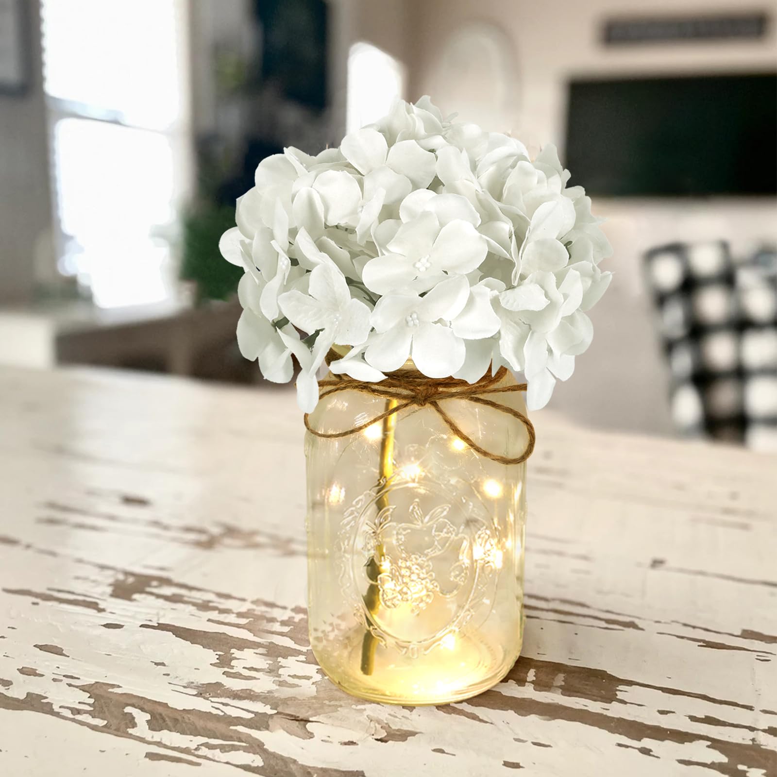 Juego de 3 luces de tarro Mason, hortensias blancas, decoración de mesa navideña