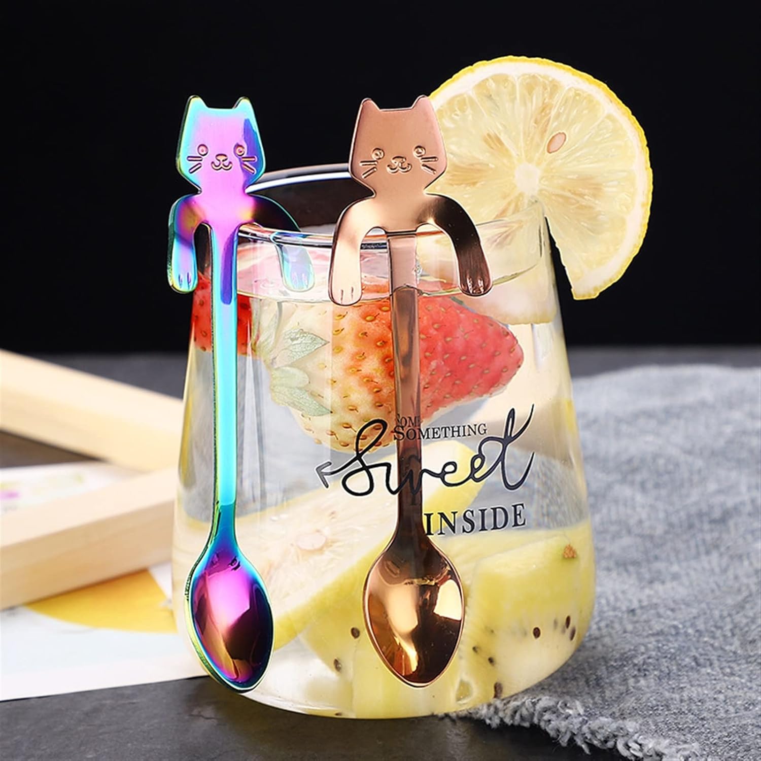Coffee Scoops Cats Long Handle Stainless Steel Coffee Tea Hanging Spoon Kitchen Supplies Spoon Coffee Accessories(Gold)