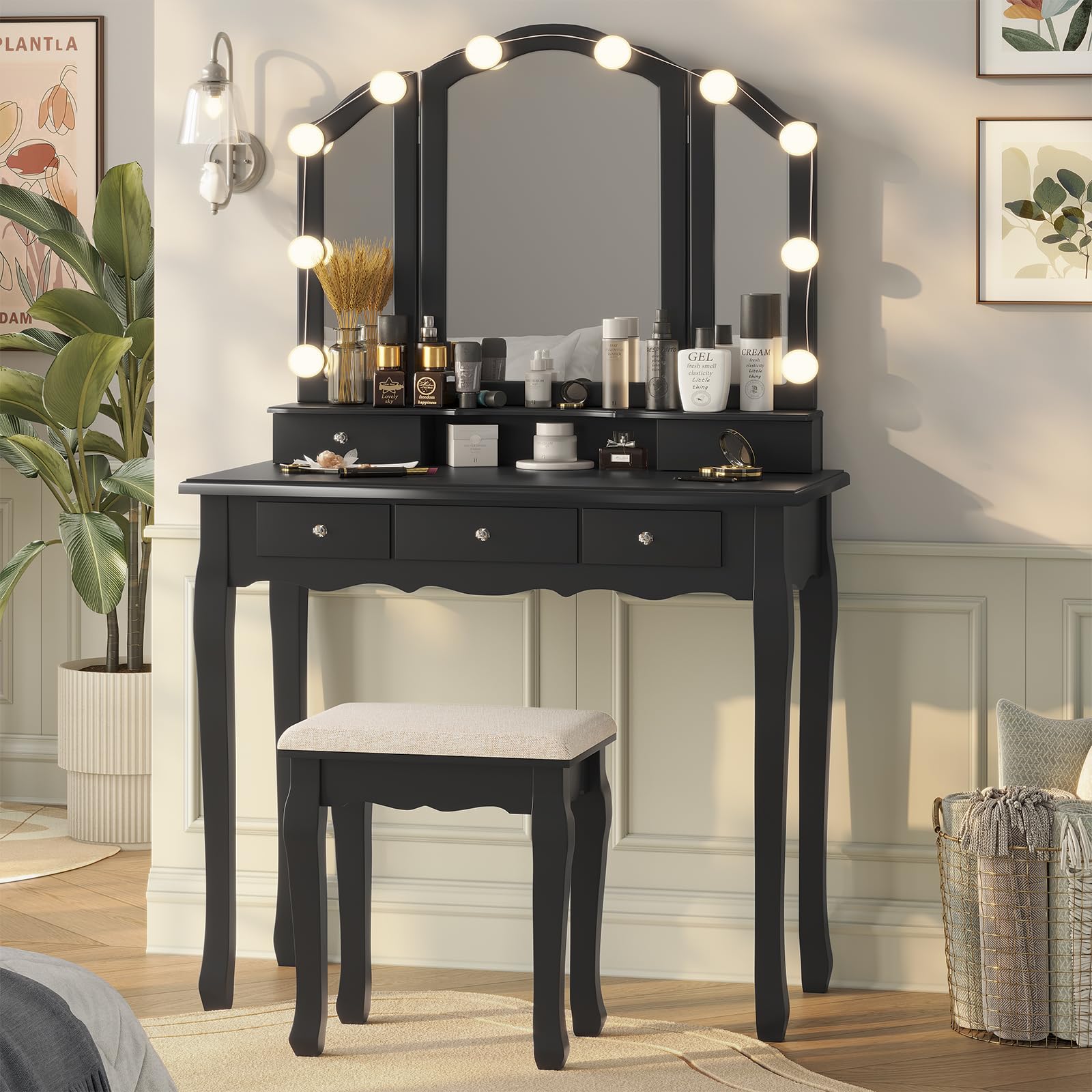 Tiptiper Vanity Desk, Makeup Vanity with Lighted Tri-fold Mirror and Stool, Vanity Set with 5 Drawers, 3 Light Settings & Adjustable Brightness, Black