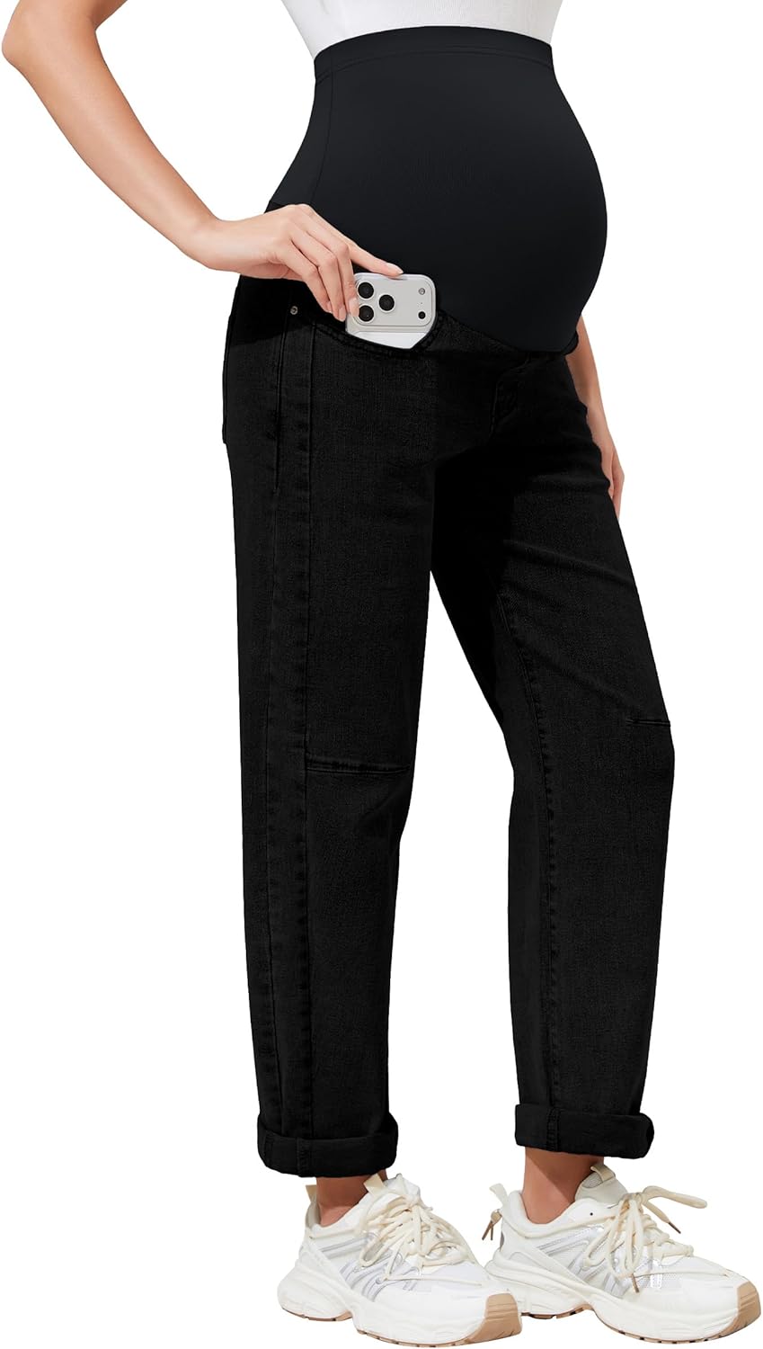 PACBREEZE Women's Maternity Jeans Over Belly Barrel Loose Denim Jeans Pregnancy Pants